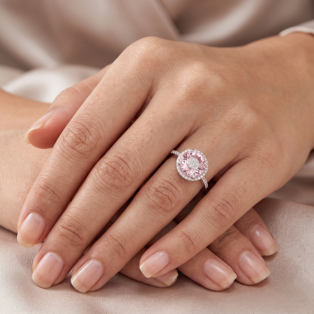 Lab-Grown Diamond Halo Ring | 7.36 CT Morganite | 0.36 CT Lab-Grown Diamonds | 18K White Gold | Saleh Sallom Jewelry