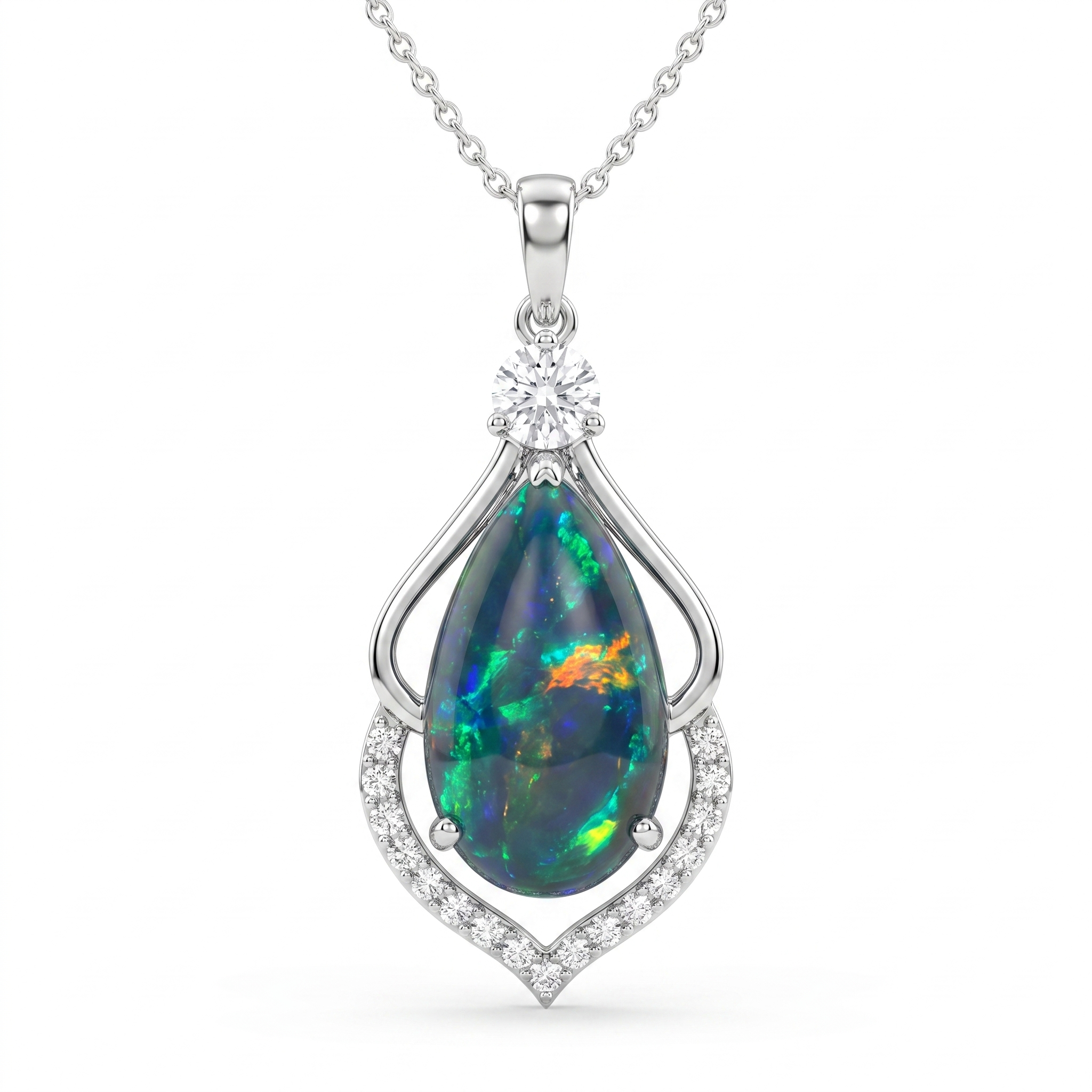 Natural Black Opal & Diamond Pendant Necklace | 4.28 CT Natural Black Opal | 2.81 CT Natural Diamonds | 18K White Gold | GIA Certified | Saleh Sallom Secondary image