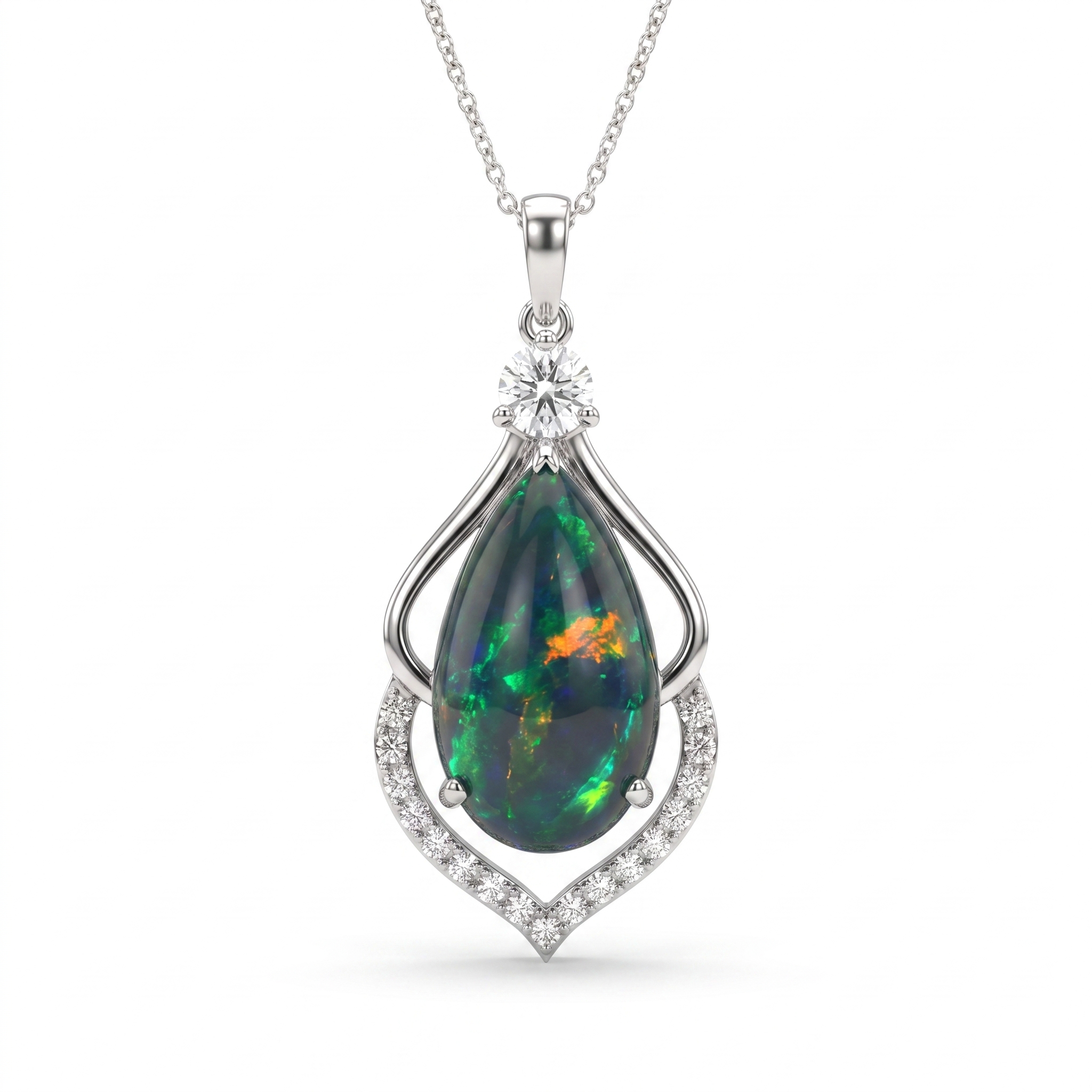 Natural Black Opal & Diamond Pendant Necklace | 4.28 CT Natural Black Opal | 2.81 CT Natural Diamonds | 18K White Gold | GIA Certified | Saleh Sallom Main image