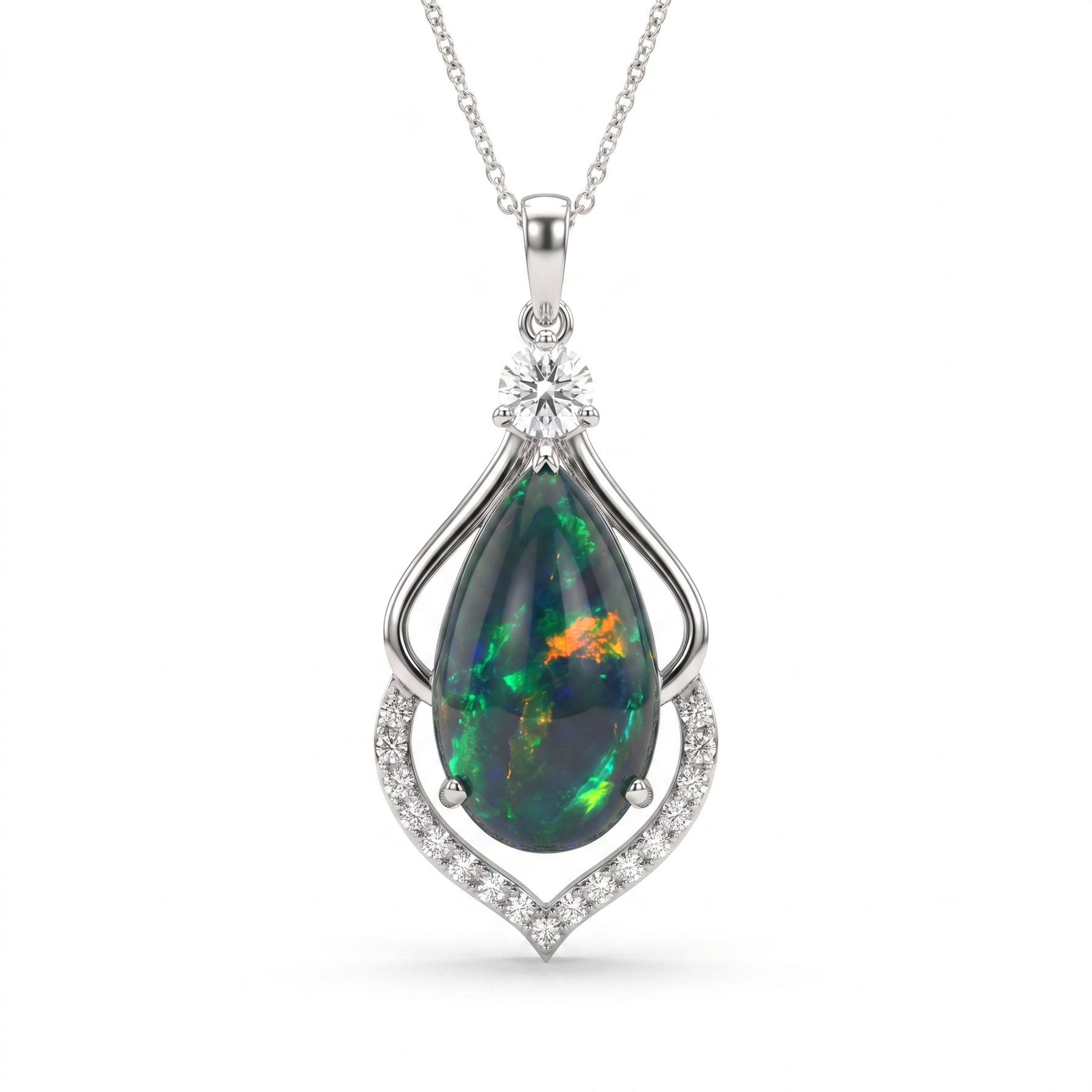 Natural Black Opal & Diamond Pendant Necklace | 4.97 CT Black Opal | 18K White Gold | Saleh Sallom Jewelry