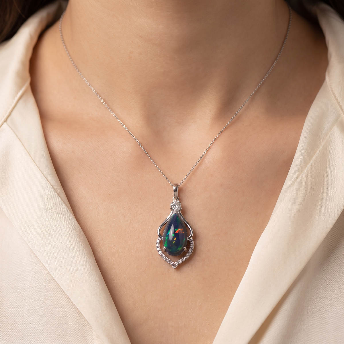 Natural Black Opal & Diamond Pendant Necklace | 4.28 CT Natural Black Opal | 2.81 CT Natural Diamonds | 18K White Gold | GIA Certified | Saleh Sallom