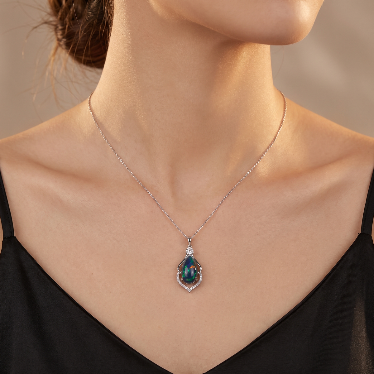 Natural Black Opal & Diamond Pendant Necklace | 4.28 CT Natural Black Opal | 2.81 CT Natural Diamonds | 18K White Gold | GIA Certified | Saleh Sallom