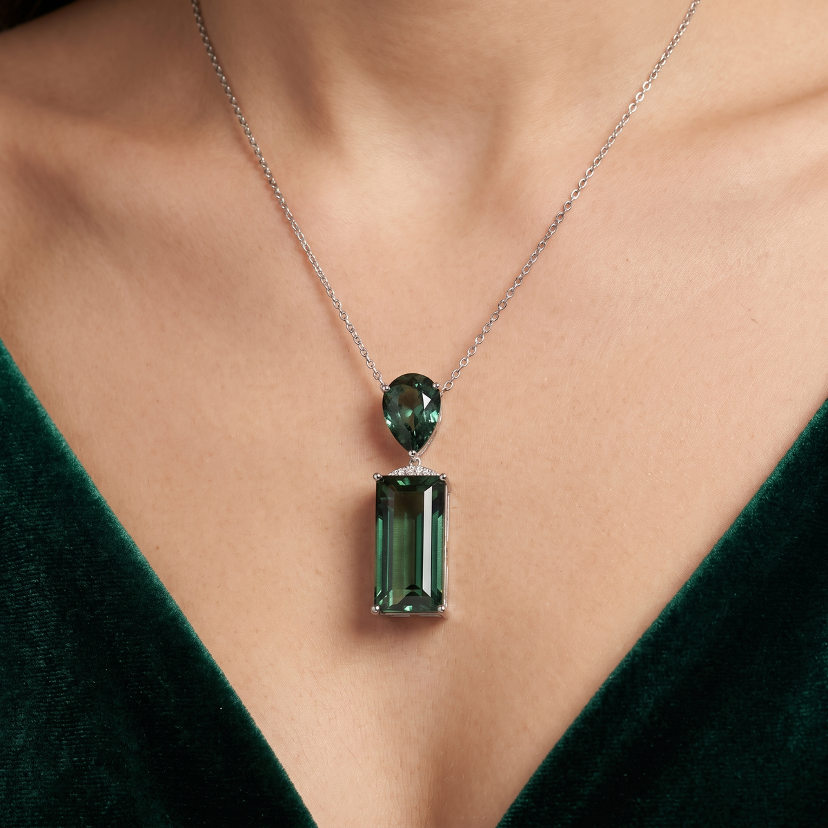 Natural Green Tourmaline & Diamond Pendant Necklace | 3.31 CT Green Tourmaline | 18K White Gold | Saleh Sallom Jewelry