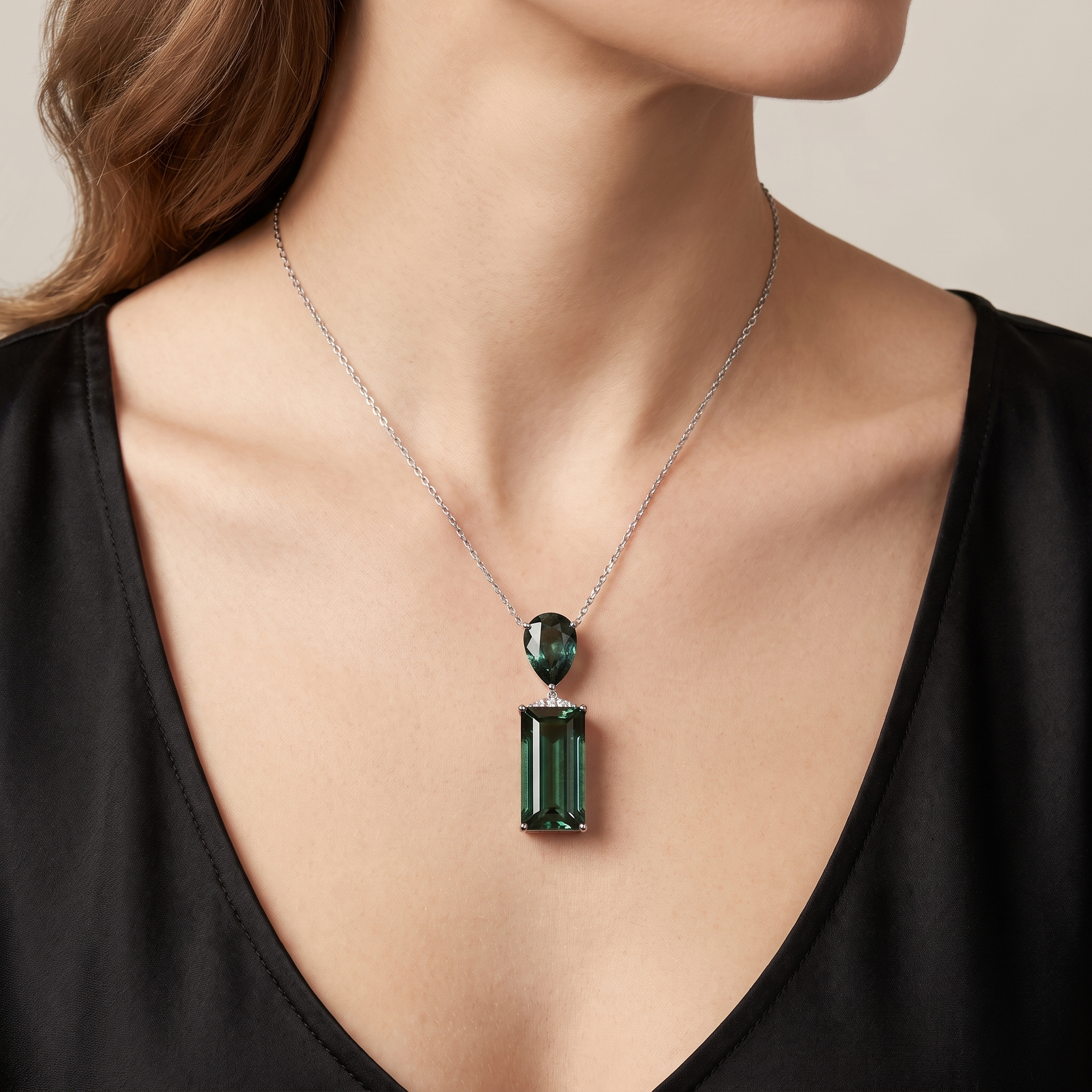 Natural Green Tourmaline & Diamond Pendant Necklace | 3.31 CT Green Tourmaline | 18K White Gold | Saleh Sallom Jewelry Secondary image