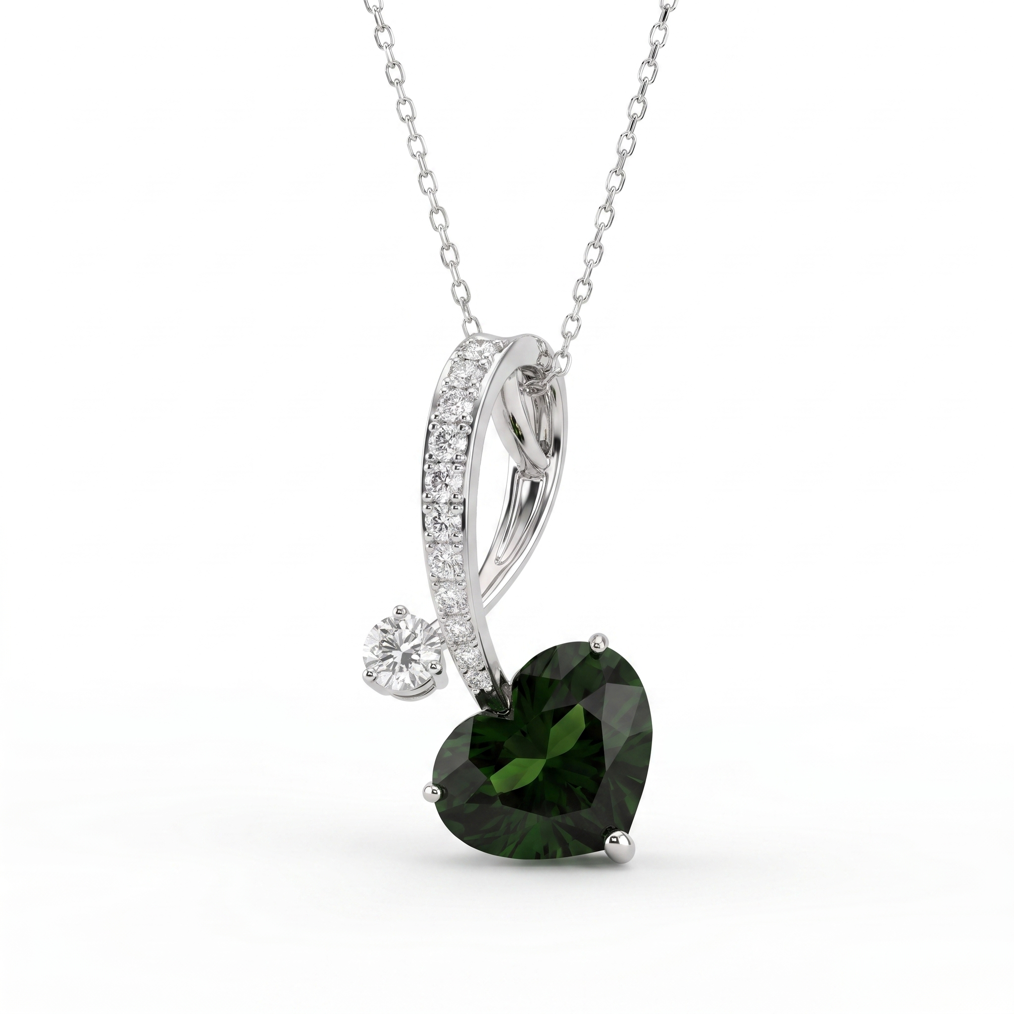 Natural Green Tourmaline & Diamond Heart Pendant Necklace | 5.08 CT Green Tourmaline | 0.47 CT Natural Diamonds | 18K White Gold | Saleh Sallom Jewelry Main image