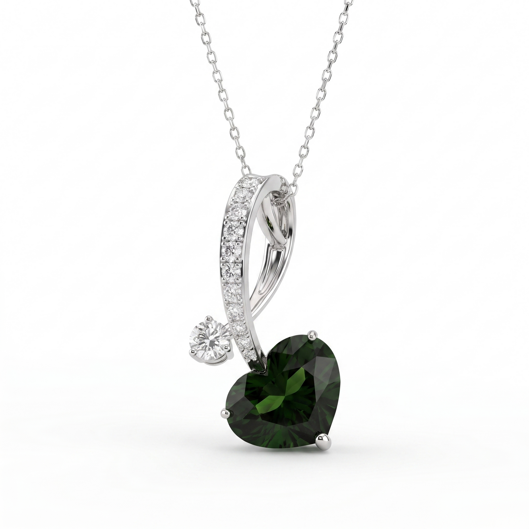 Natural Green Tourmaline & Diamond Heart Pendant Necklace | 5.08 CT Green Tourmaline | 0.47 CT Natural Diamonds | 18K White Gold | Saleh Sallom Jewelry