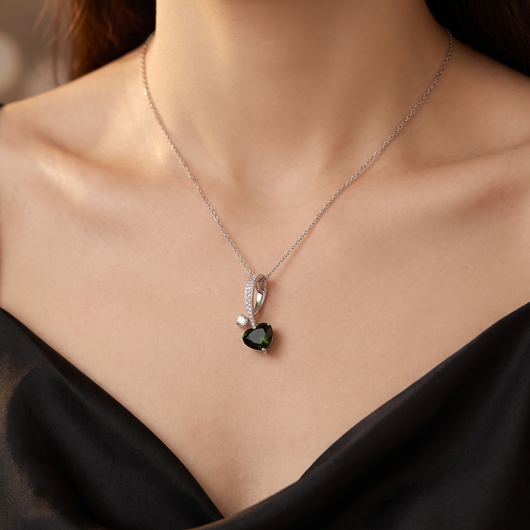 Natural Green Tourmaline & Diamond Heart Pendant Necklace | 5.08 CT Green Tourmaline | 0.47 CT Natural Diamonds | 18K White Gold | Saleh Sallom Jewelry Secondary image