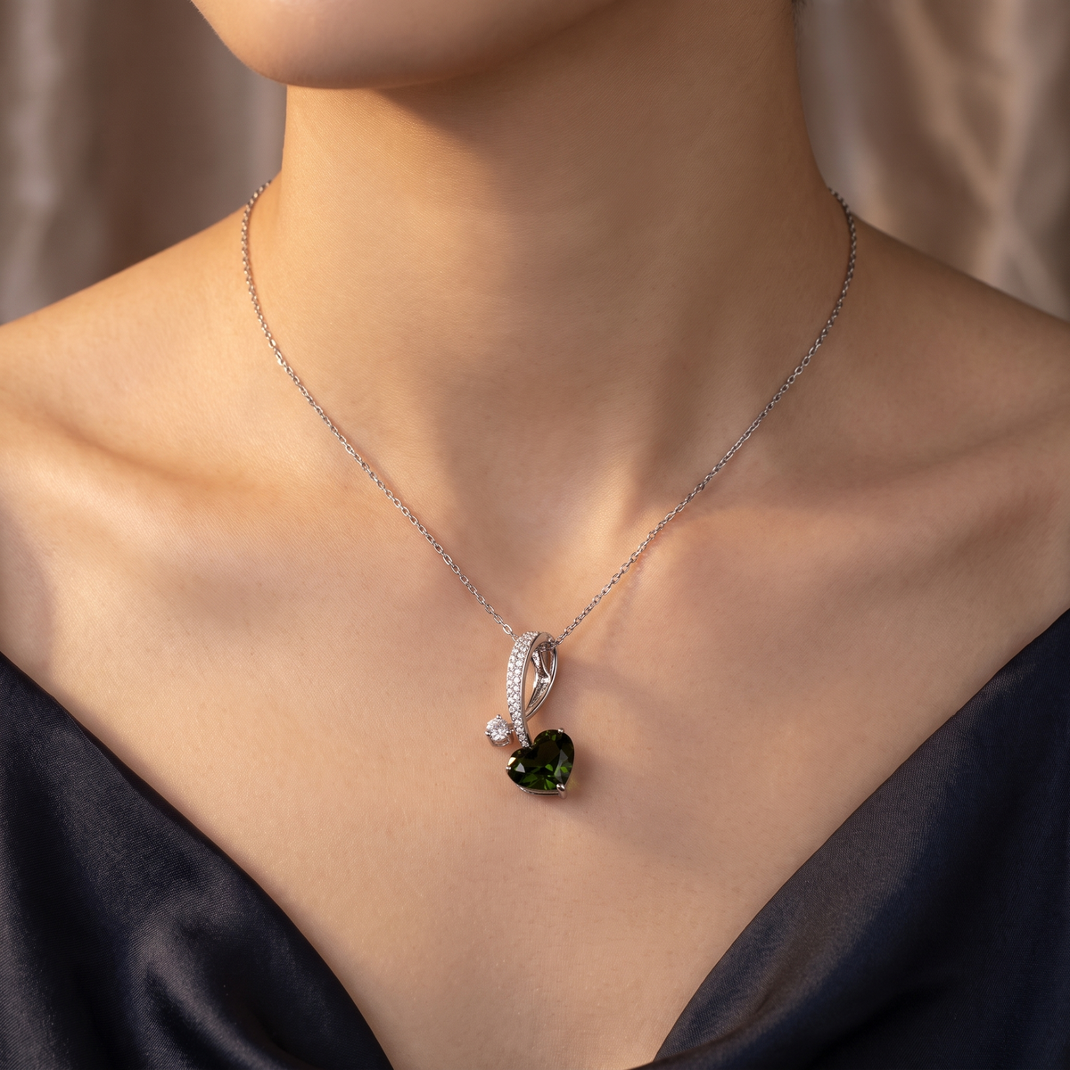 Natural Green Tourmaline & Diamond Heart Pendant Necklace | 5.08 CT Green Tourmaline | 0.47 CT Natural Diamonds | 18K White Gold | Saleh Sallom Jewelry