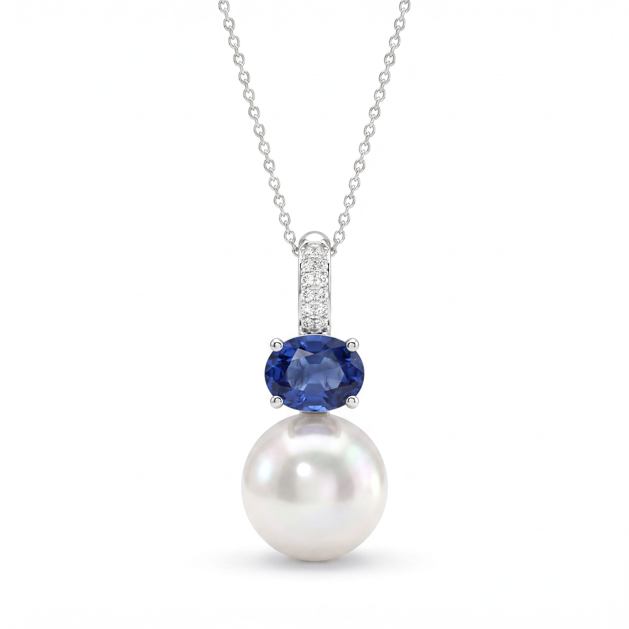 Natural Pearl, Sapphire & Diamond Pendant Necklace | Natural Pearl | Natural Blue Sapphire | 1.10 CT Natural Diamonds | 18K White Gold | Saleh Sallom Jewelry Main image