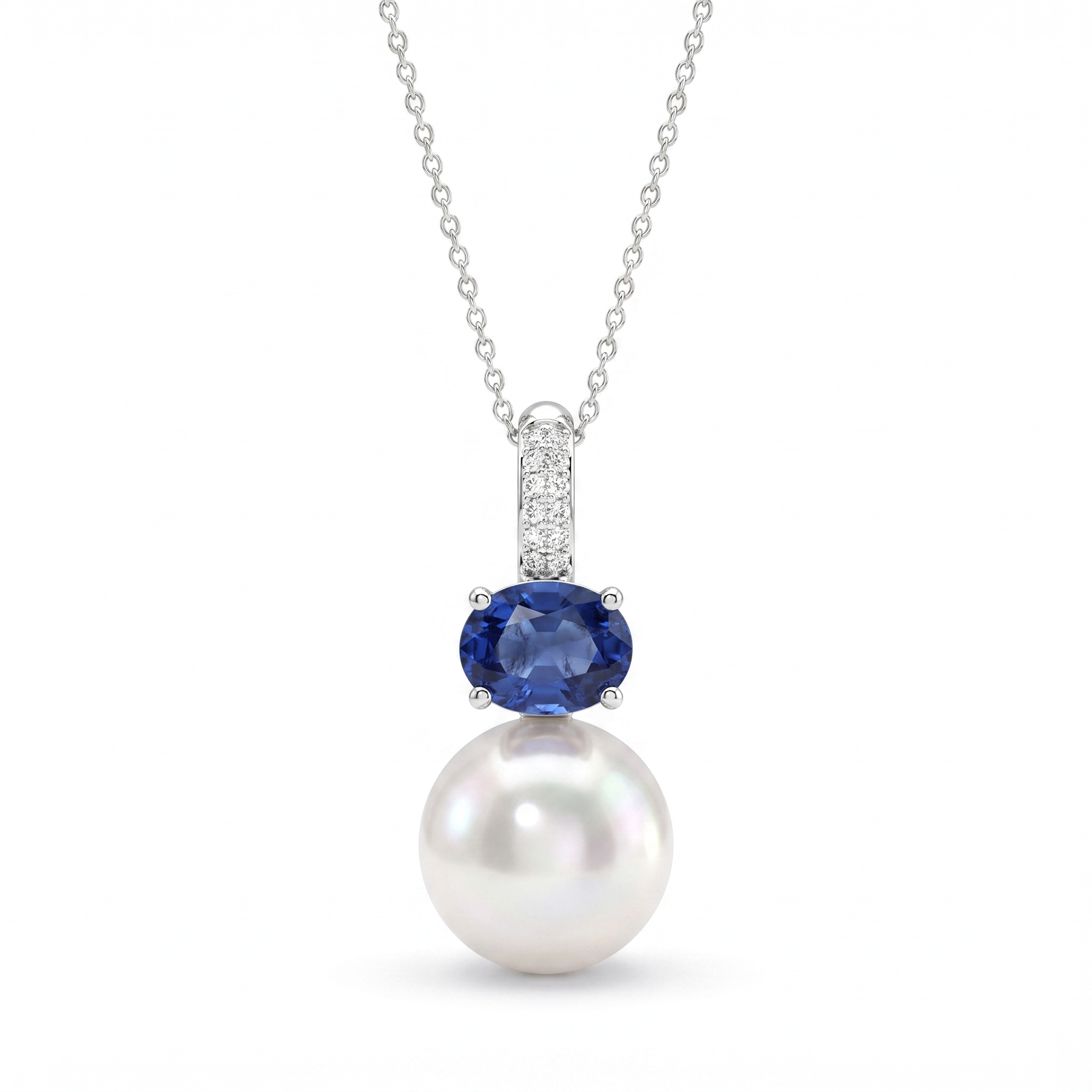 Natural Pearl, Sapphire & Diamond Pendant Necklace | Natural Pearl | Natural Blue Sapphire | 1.10 CT Natural Diamonds | 18K White Gold | Saleh Sallom Jewelry