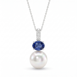 Natural Pearl, Sapphire & Diamond Pendant Necklace | Natural Pearl | Natural Blue Sapphire | 1.10 CT Natural Diamonds | 18K White Gold | Saleh Sallom Jewelry