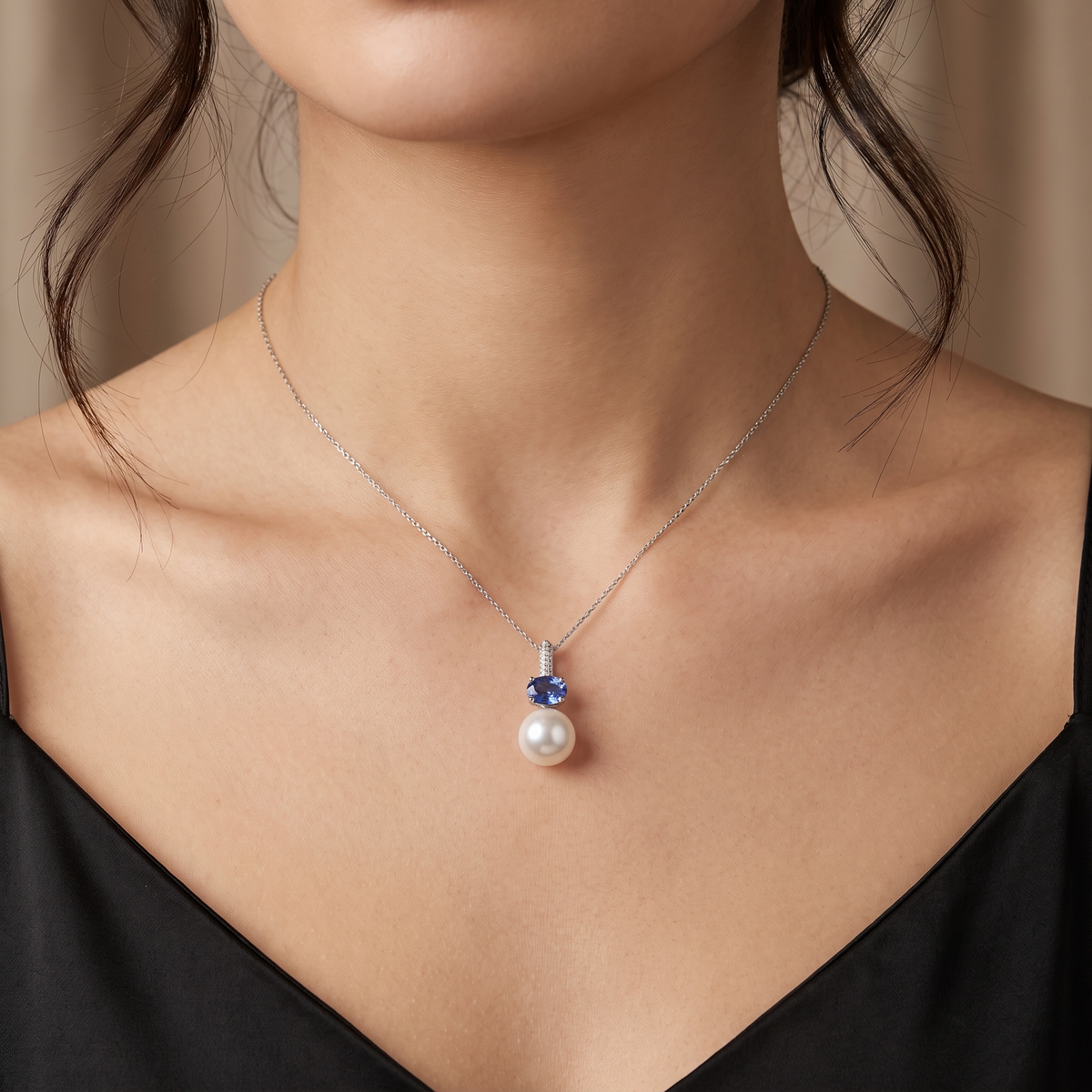 Natural Pearl, Sapphire & Diamond Pendant Necklace | Natural Pearl | Natural Blue Sapphire | 1.10 CT Natural Diamonds | 18K White Gold | Saleh Sallom Jewelry