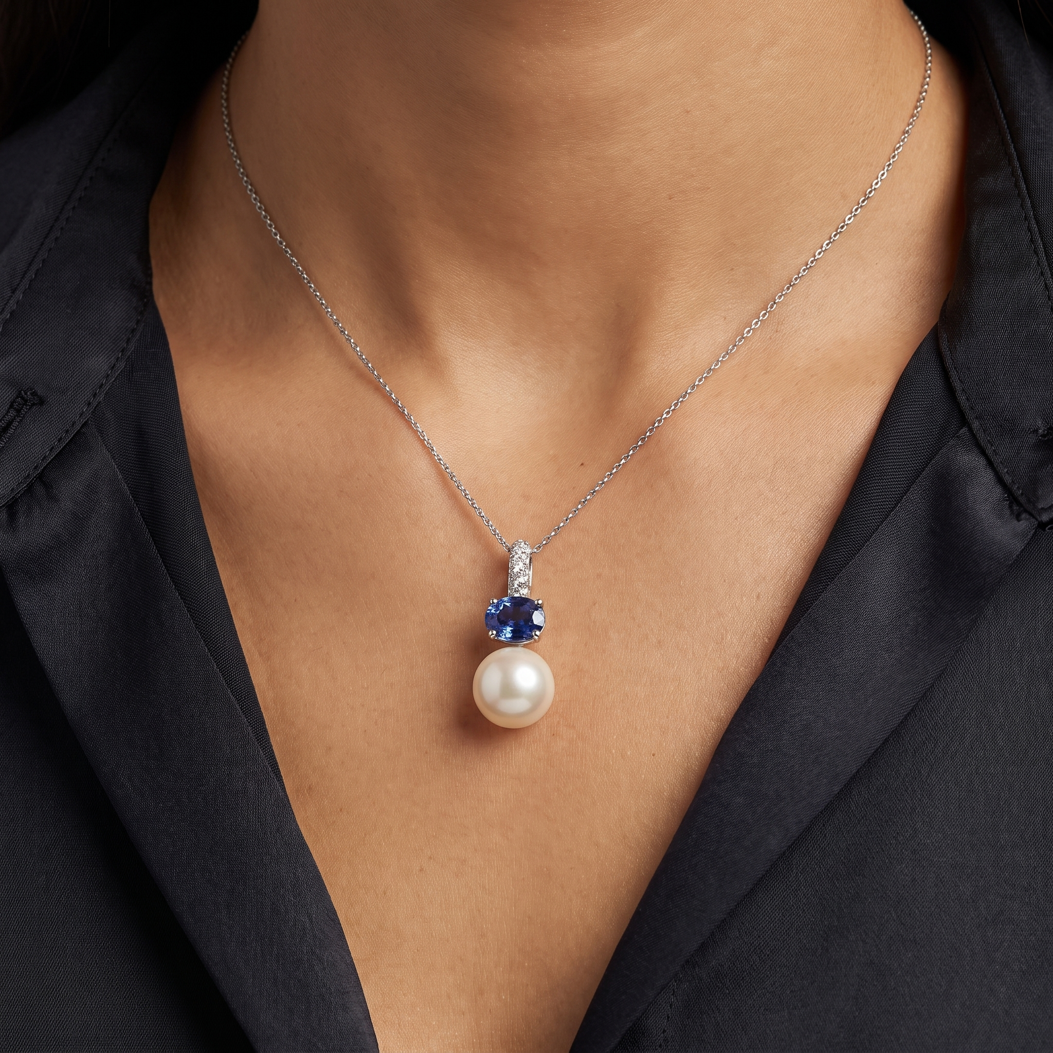 Natural Pearl, Sapphire & Diamond Pendant Necklace | Natural Pearl | Natural Blue Sapphire | 1.10 CT Natural Diamonds | 18K White Gold | Saleh Sallom Jewelry Secondary image