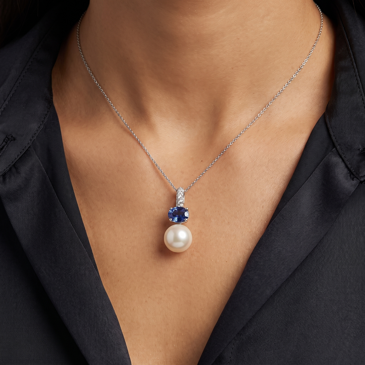 Natural Pearl, Sapphire & Diamond Pendant Necklace | Natural Pearl | Natural Blue Sapphire | 1.10 CT Natural Diamonds | 18K White Gold | Saleh Sallom Jewelry