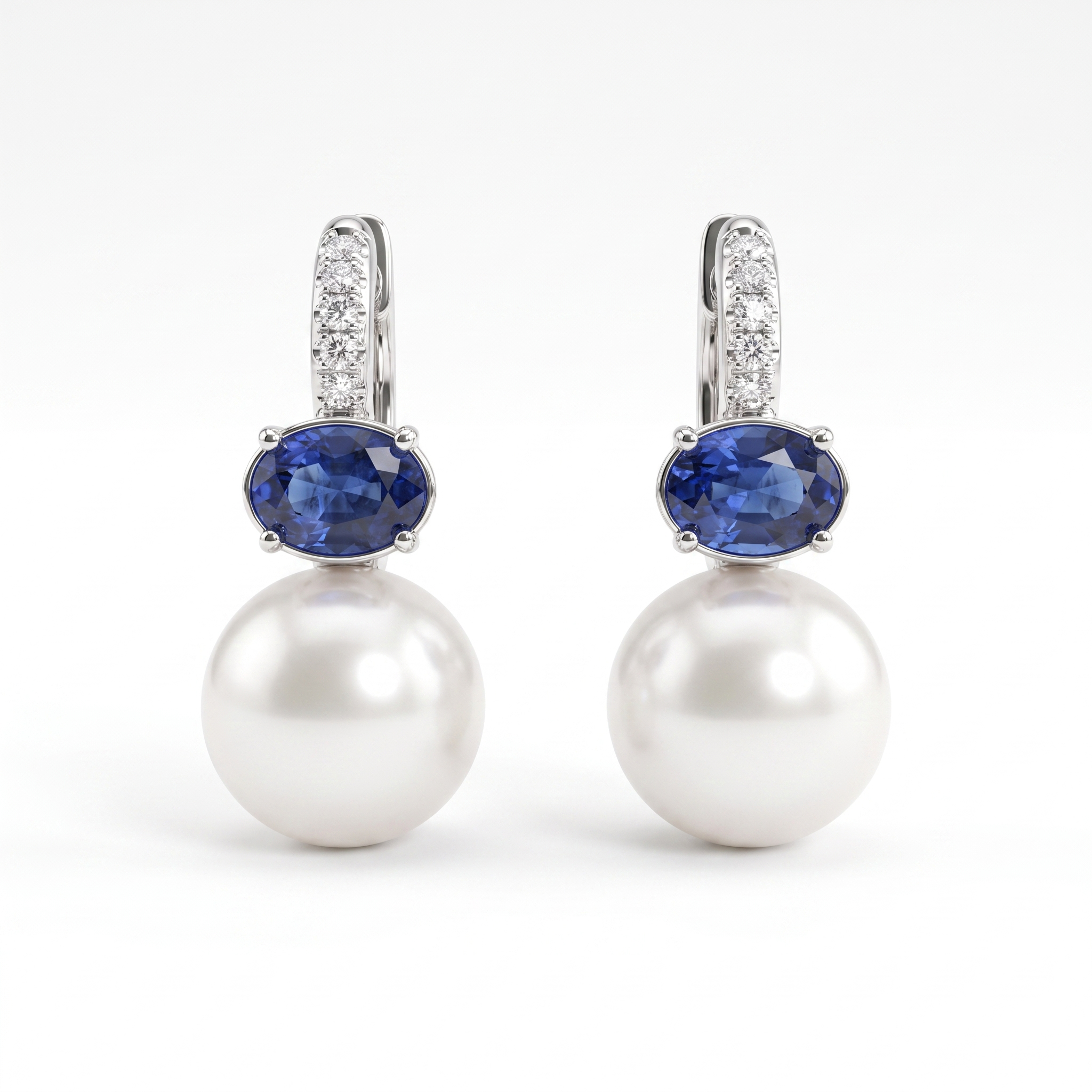 Natural Pearl, Blue Sapphire & Diamond Drop Earrings | Natural Pearls | Natural Blue Sapphires | 0.16 CT Natural Diamonds | 18K White Gold Main image