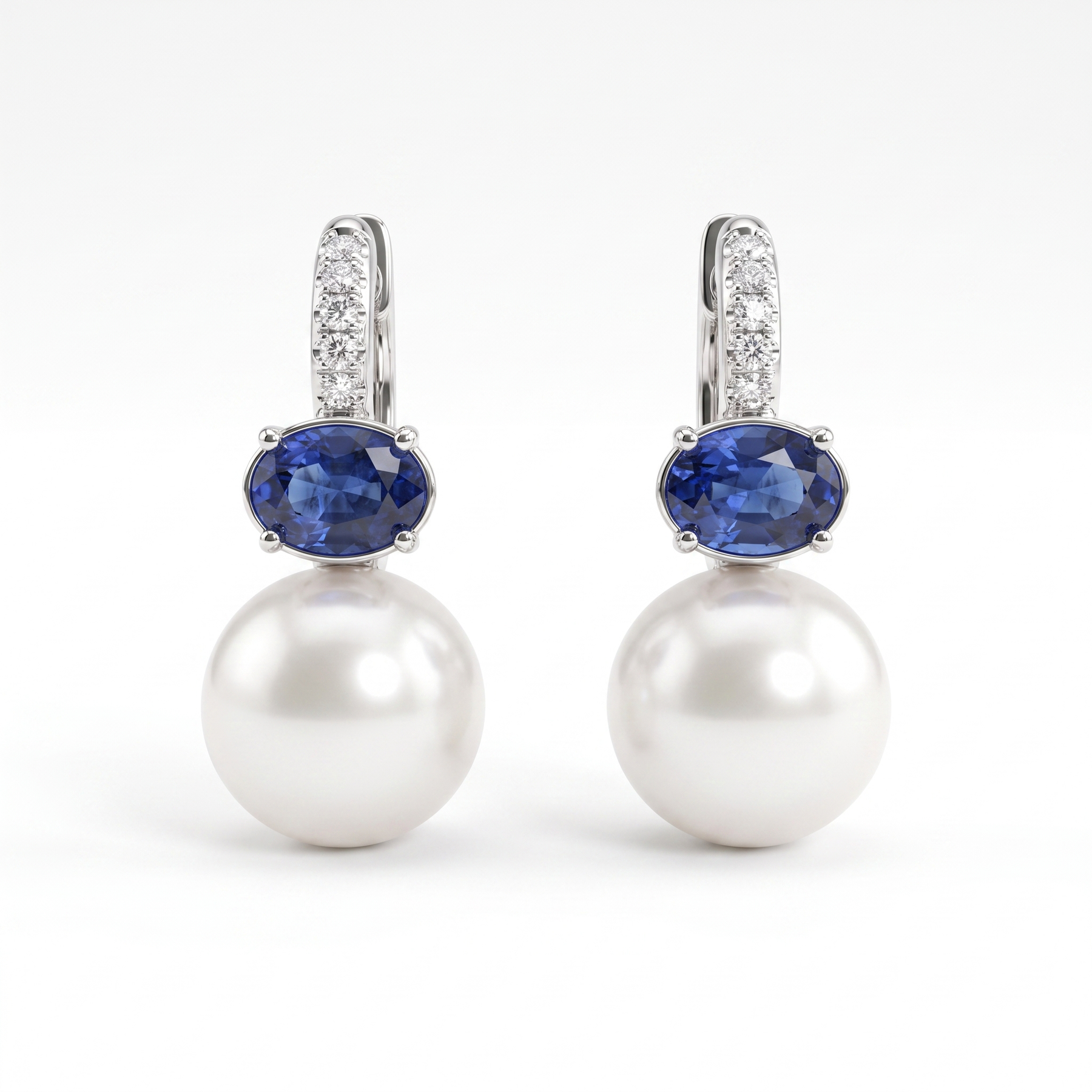 Natural Pearl, Blue Sapphire & Diamond Drop Earrings | Natural Pearls | Natural Blue Sapphires | 0.16 CT Natural Diamonds | 18K White Gold