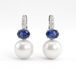Natural Pearl, Blue Sapphire & Diamond Drop Earrings | Natural Pearls | Natural Blue Sapphires | 0.16 CT Natural Diamonds | 18K White Gold