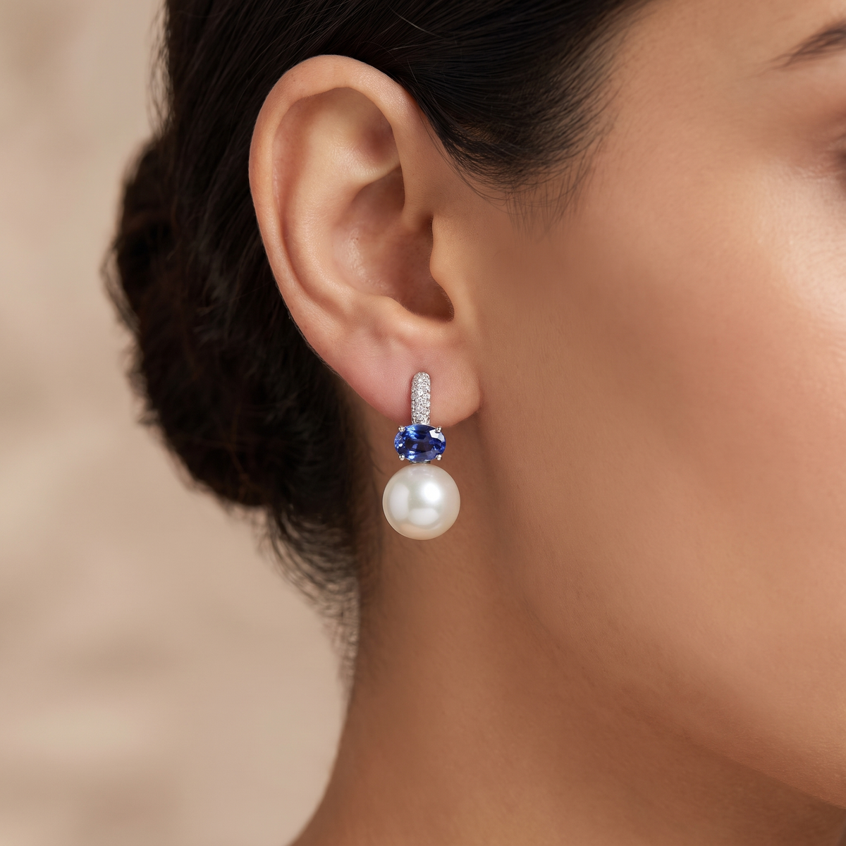 Natural Pearl, Blue Sapphire & Diamond Drop Earrings | Natural Pearls | Natural Blue Sapphires | 0.16 CT Natural Diamonds | 18K White Gold