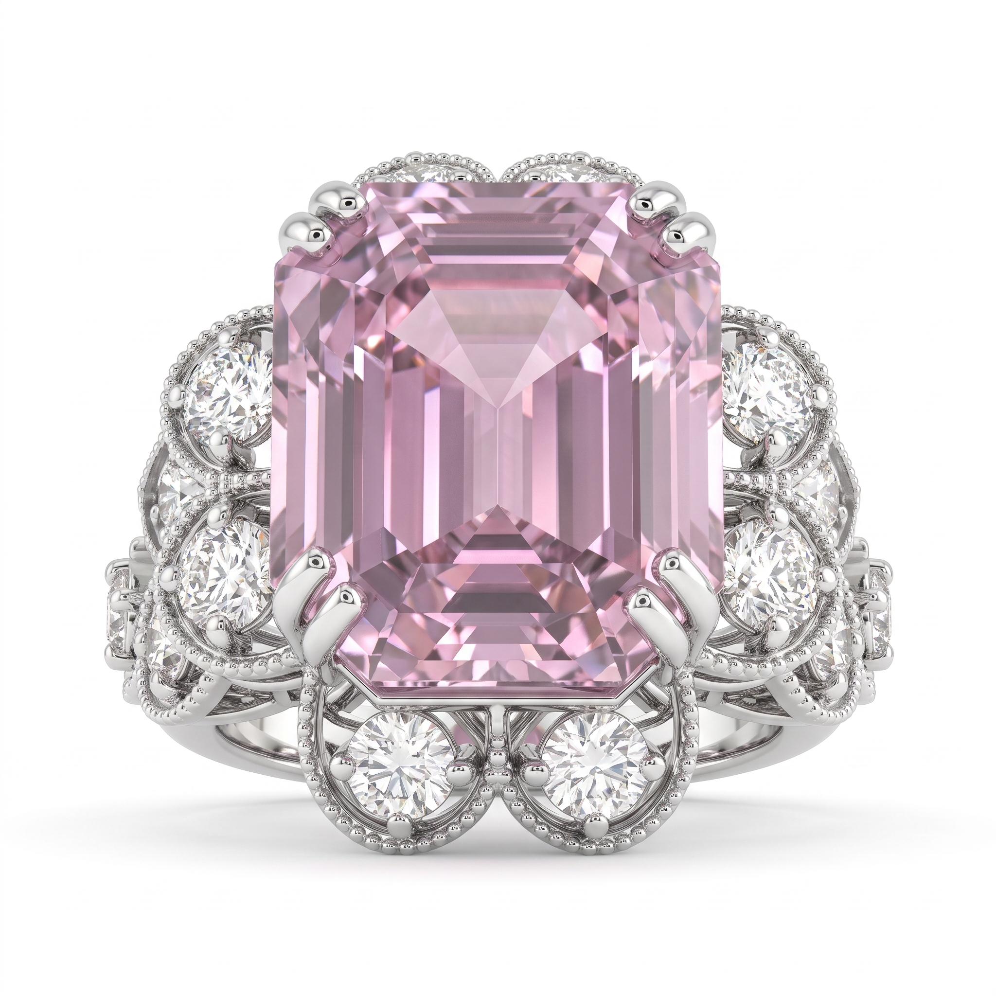 Natural Emerald-Cut Kunzite & Diamond Statement Ring | 15.85 CT Natural Kunzite | 1.59 CT Natural Diamonds | 18K White Gold | IGI Certified | Saleh Sallom Main image