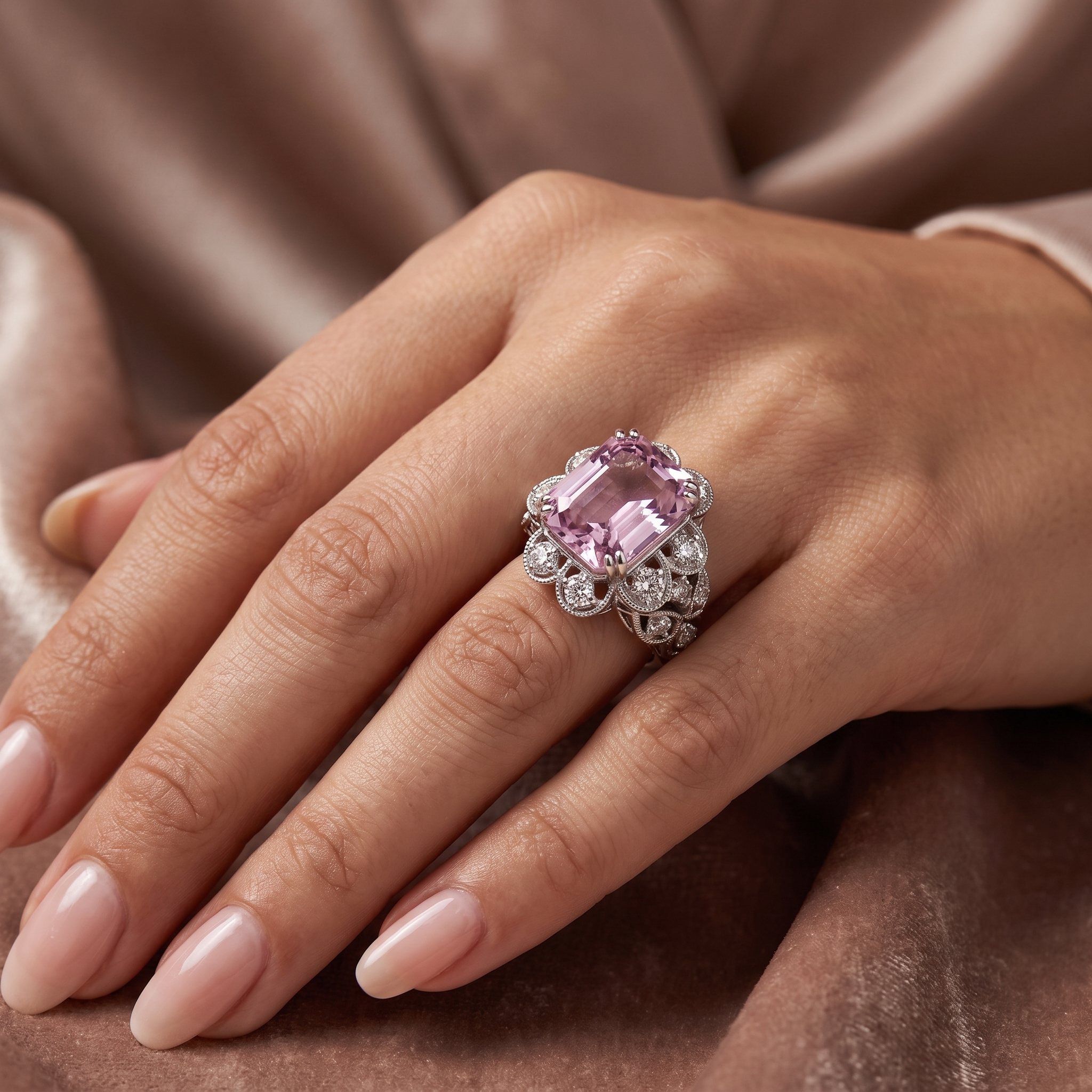 Natural Emerald-Cut Kunzite & Diamond Statement Ring | 15.85 CT Natural Kunzite | 1.59 CT Natural Diamonds | 18K White Gold | IGI Certified | Saleh Sallom Secondary image