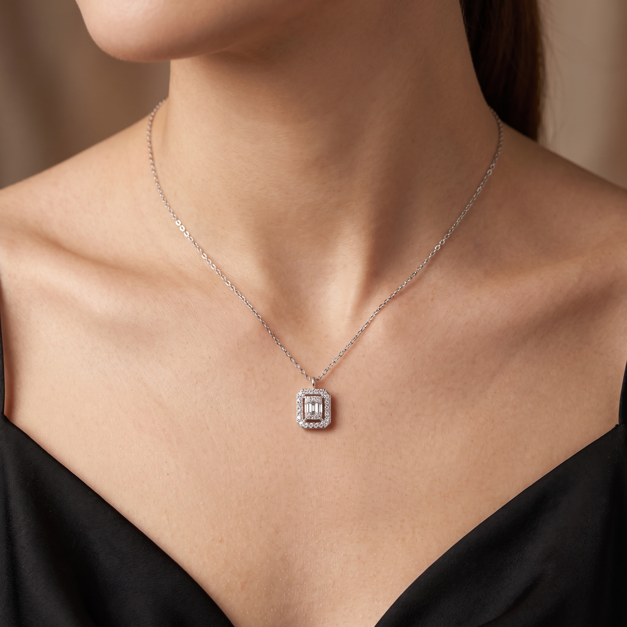 Natural Diamond Halo Pendant Necklace | 0.24 CT Natural Diamonds | 18K White Gold Secondary image