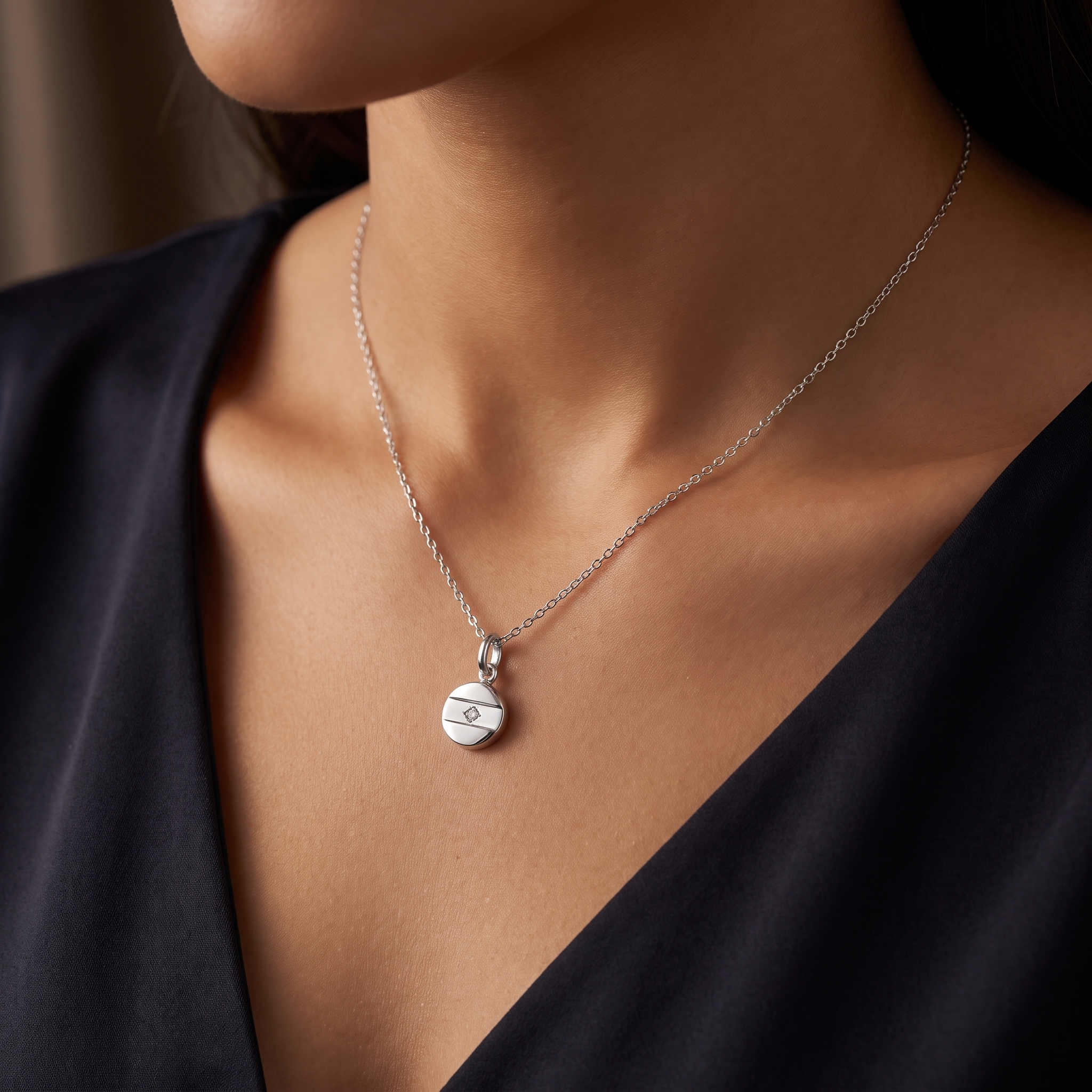 Natural Diamond Solitaire Disc Pendant Necklace | 0.30 CT Natural Diamond | 18K White Gold Secondary image