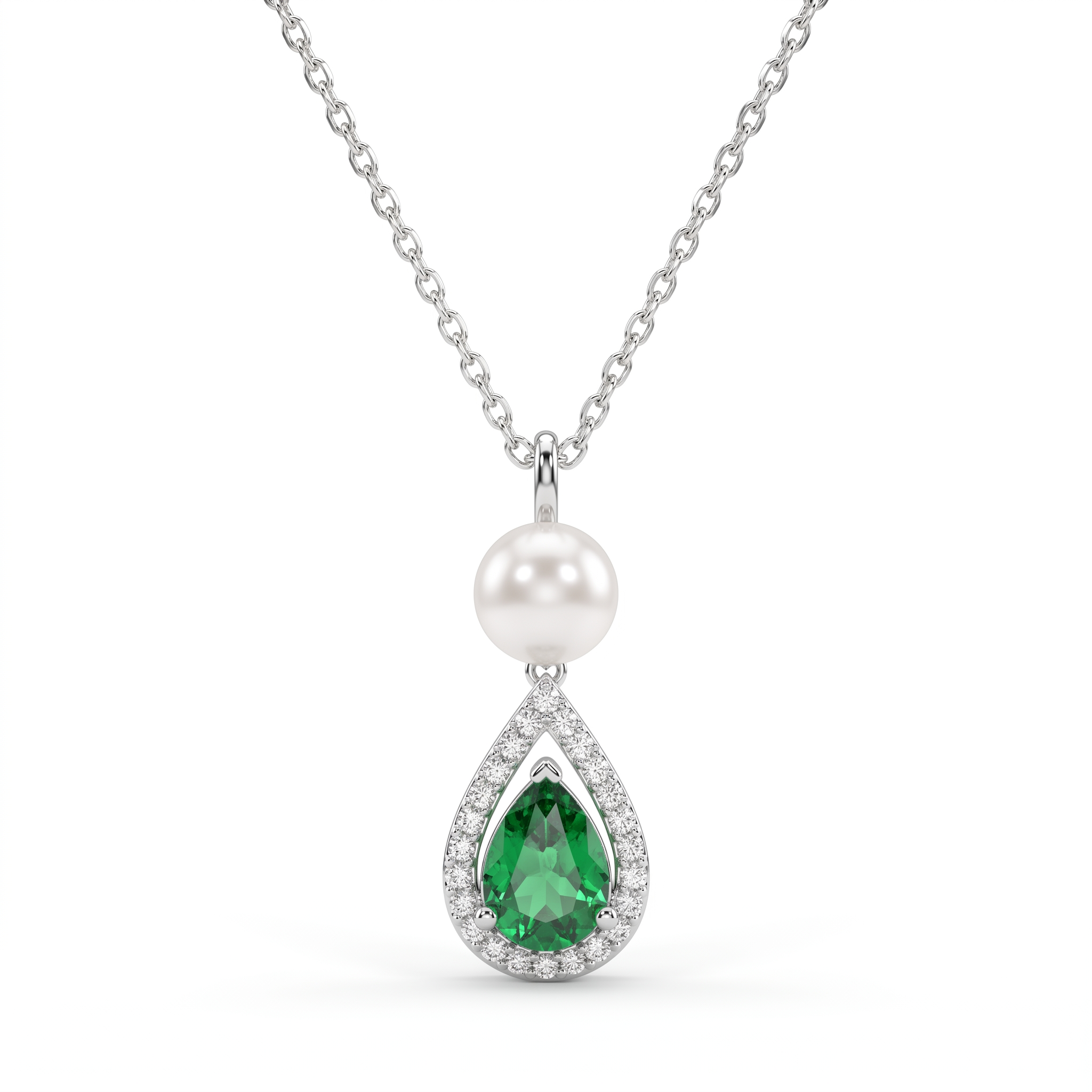 Natural Emerald, Pearl & Diamond Pendant Necklace | 0.13 CT Natural Diamonds | Pear-Shaped Emerald | 18K White Gold Main image