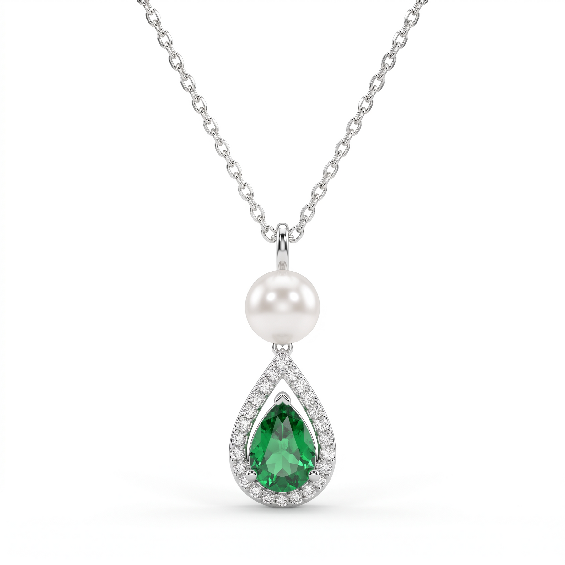 Natural Emerald, Pearl & Diamond Pendant Necklace | 0.13 CT Natural Diamonds | Pear-Shaped Emerald | 18K White Gold