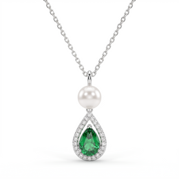 Natural Emerald, Pearl & Diamond Pendant Necklace | 0.13 CT Natural Diamonds | Pear-Shaped Emerald | 18K White Gold