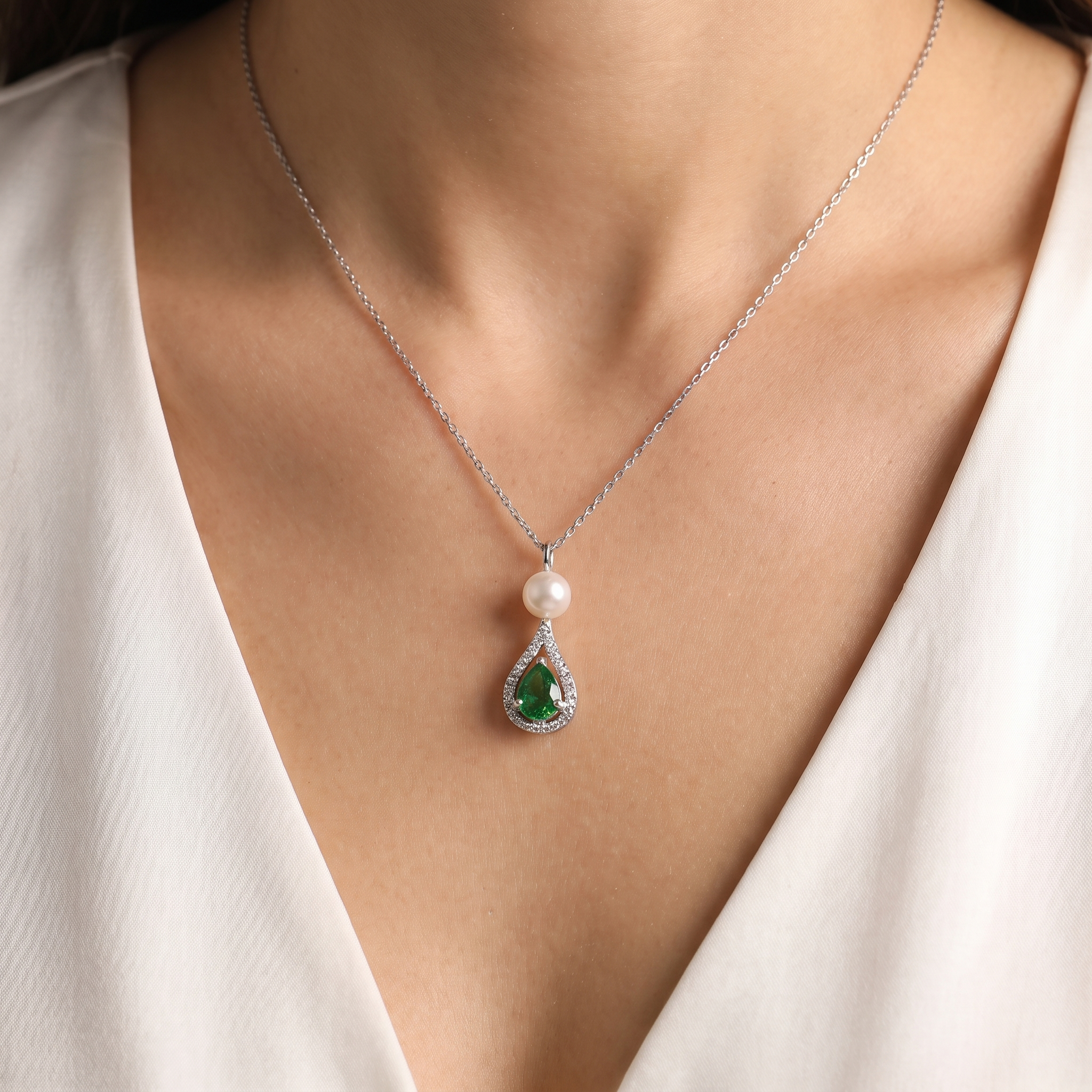 Natural Emerald, Pearl & Diamond Pendant Necklace | 0.13 CT Natural Diamonds | Pear-Shaped Emerald | 18K White Gold Secondary image