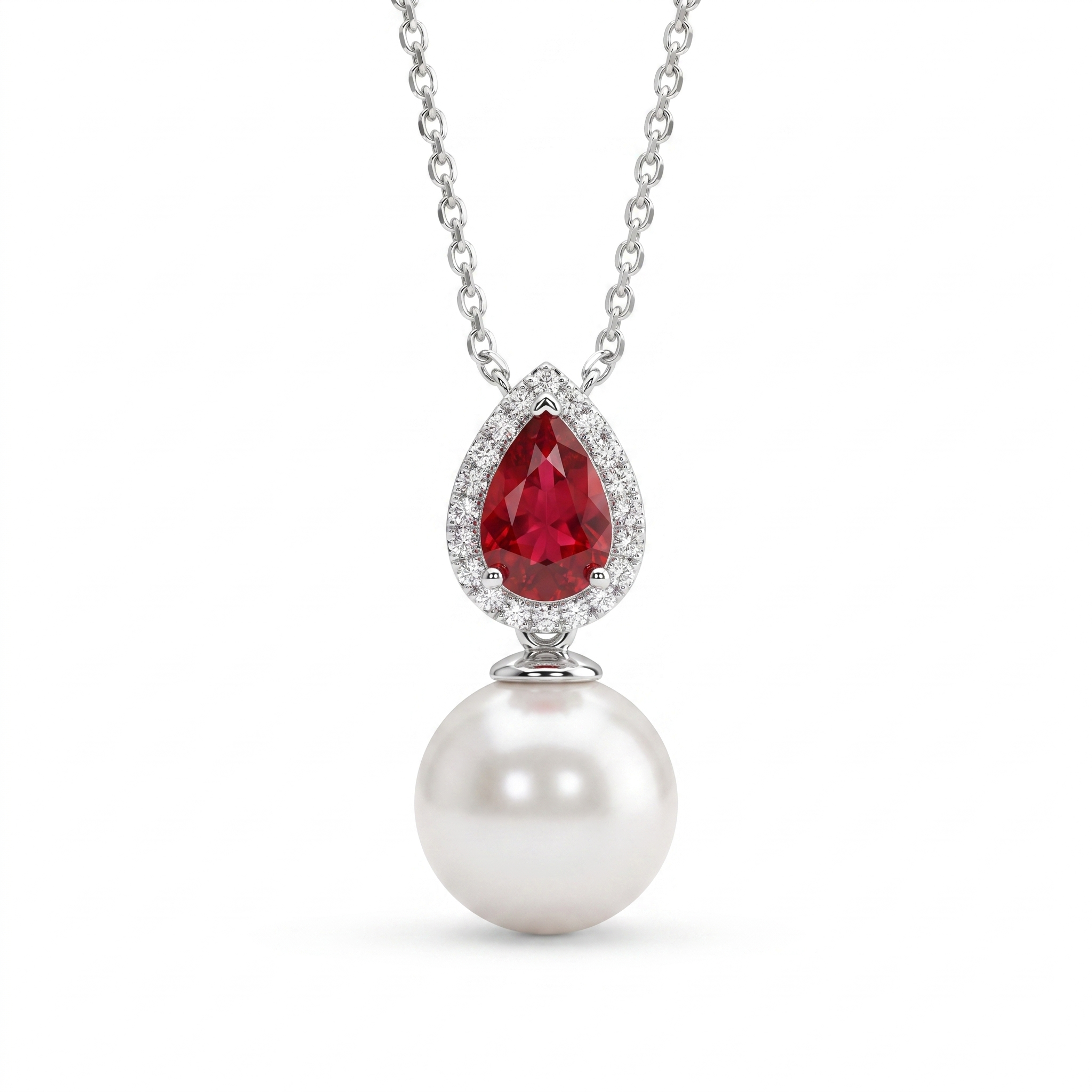 Natural Ruby, Pearl & Diamond Pendant Necklace | 0.15 CT Natural Diamonds | Pear-Cut Ruby | 18K White Gold | Saleh Sallom Jewelry Main image