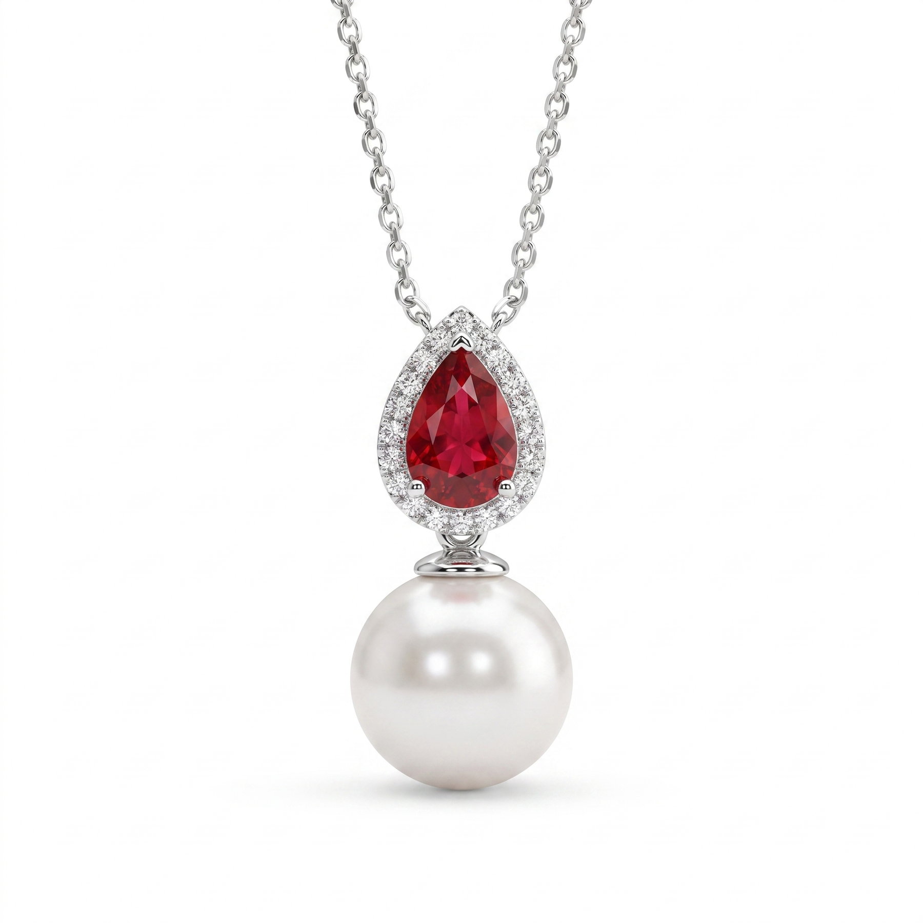 Natural Ruby, Pearl & Diamond Pendant Necklace | 0.15 CT Natural Diamonds | Pear-Cut Ruby | 18K White Gold | Saleh Sallom Jewelry