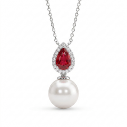 Natural Ruby, Pearl & Diamond Pendant Necklace | 0.15 CT Natural Diamonds | Pear-Cut Ruby | 18K White Gold | Saleh Sallom Jewelry