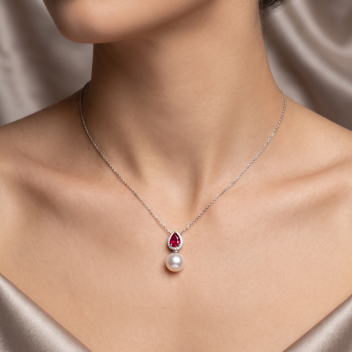 Natural Ruby, Pearl & Diamond Pendant Necklace | 0.15 CT Natural Diamonds | Pear-Cut Ruby | 18K White Gold | Saleh Sallom Jewelry
