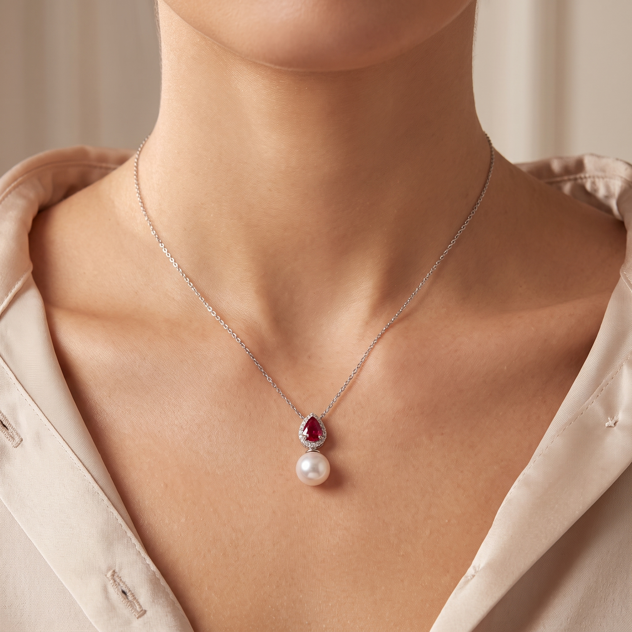 Natural Ruby, Pearl & Diamond Pendant Necklace | 0.15 CT Natural Diamonds | Pear-Cut Ruby | 18K White Gold | Saleh Sallom Jewelry Secondary image