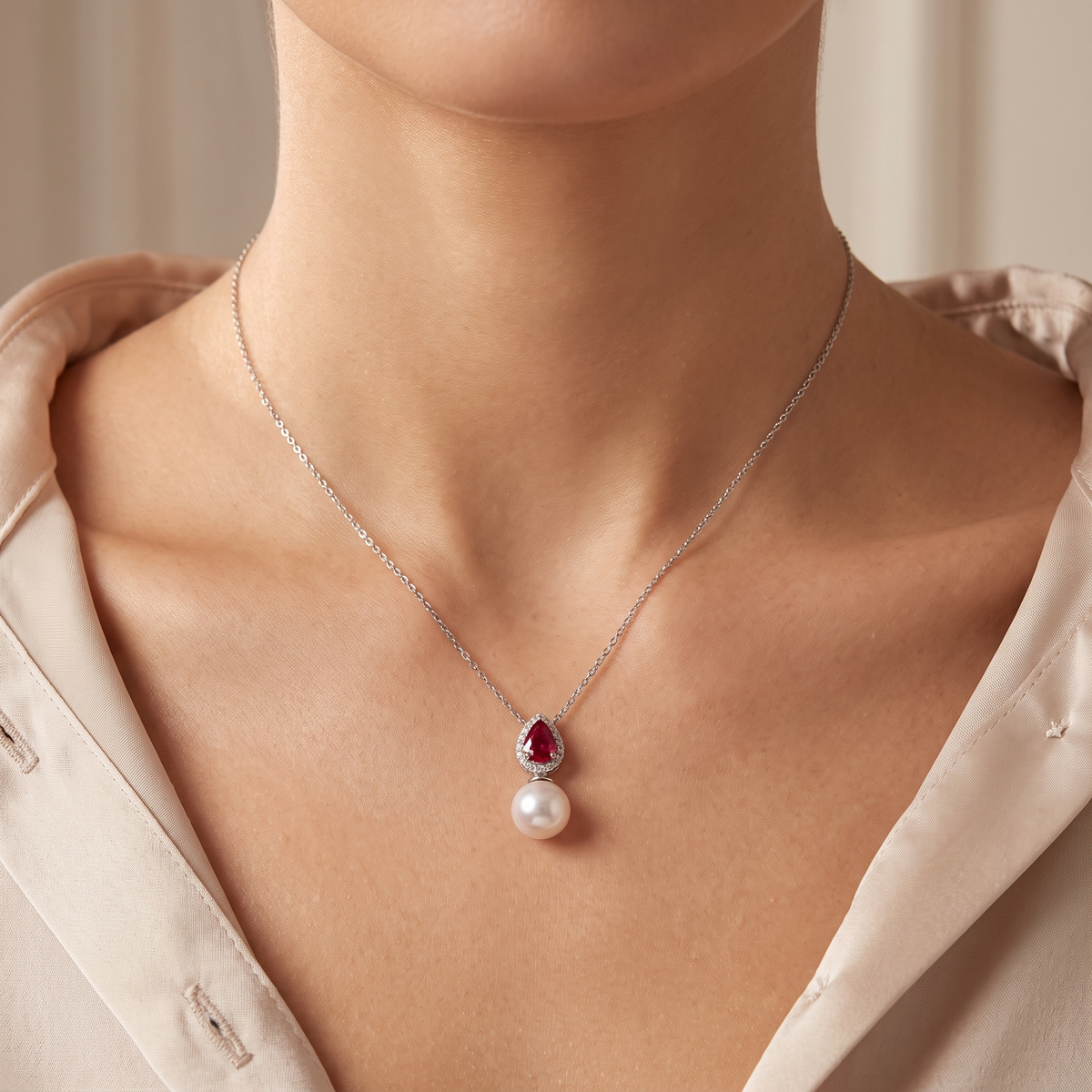 Natural Ruby, Pearl & Diamond Pendant Necklace | 0.15 CT Natural Diamonds | Pear-Cut Ruby | 18K White Gold | Saleh Sallom Jewelry
