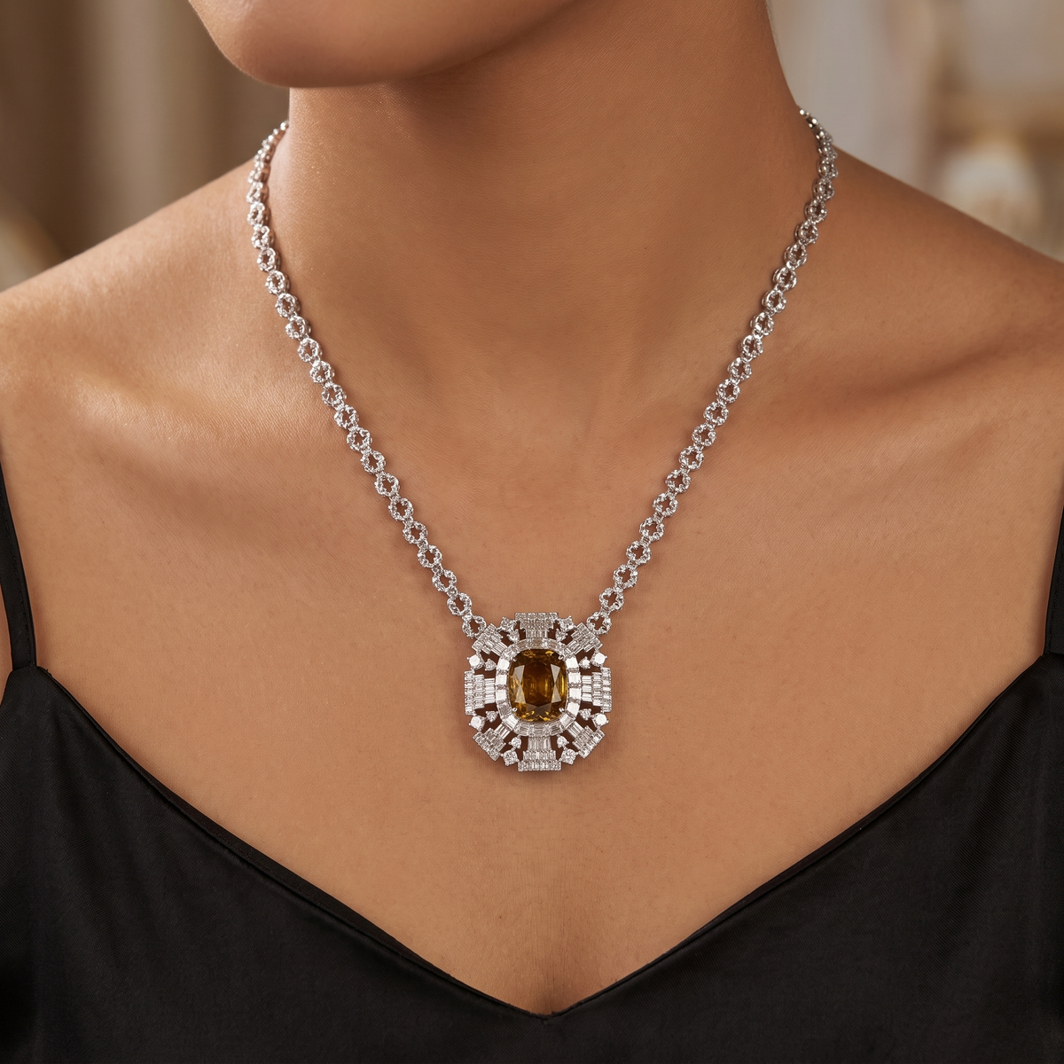 Natural Brown Diamond & Diamond Statement Necklace | 2.16 CT Natural Diamonds | 18K White Gold | Saleh Sallom Jewelry