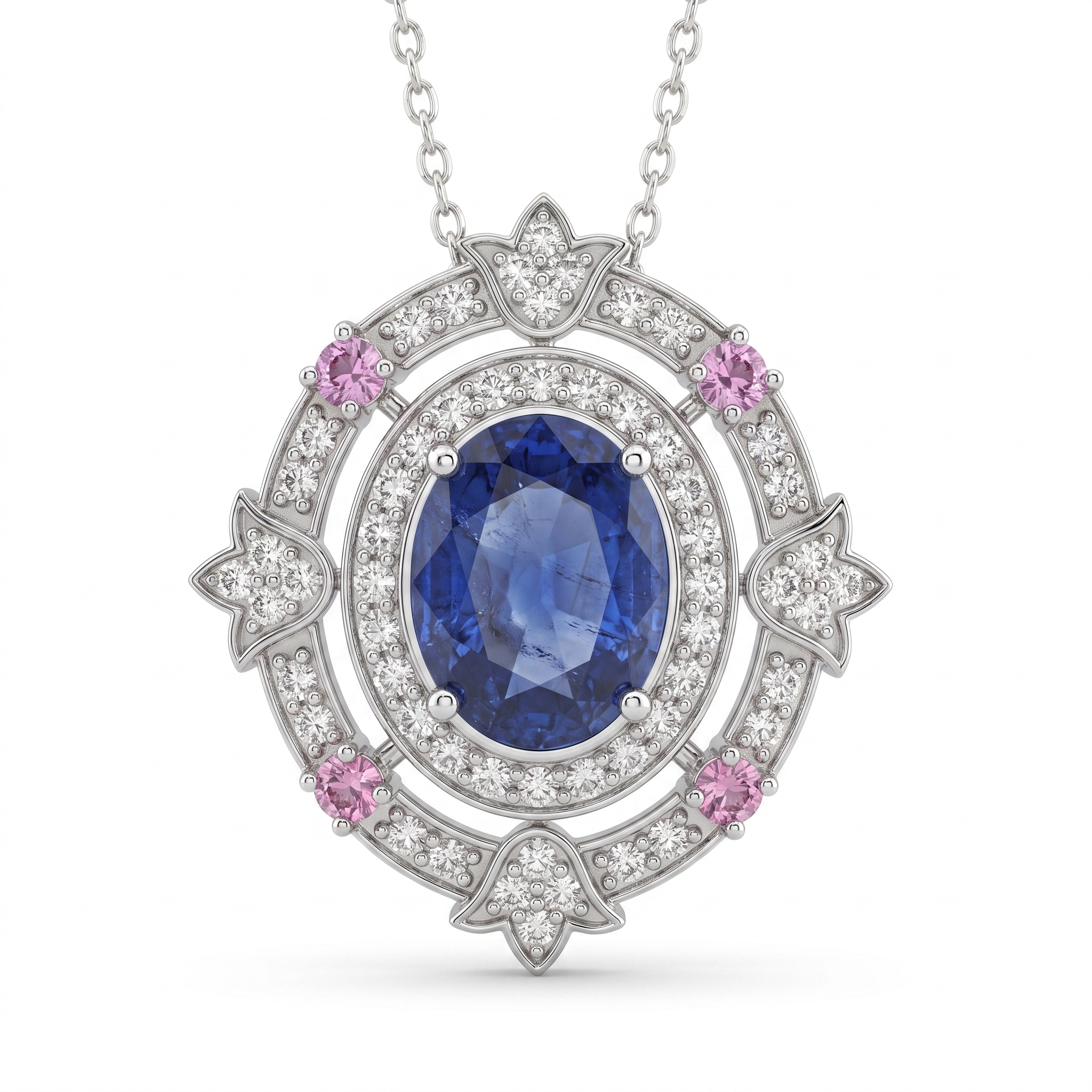 Natural Sapphire, Pink Sapphire & Diamond Halo Pendant | 4.25 CT Natural Sapphire | 1.25 CT Natural Diamonds | 18K White Gold | Saleh Sallom Jewelry Main image