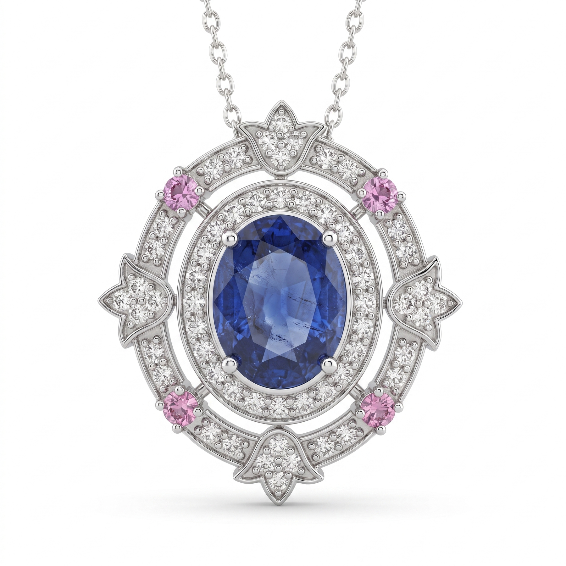 Natural Sapphire, Pink Sapphire & Diamond Halo Pendant | 4.25 CT Natural Sapphire | 1.25 CT Natural Diamonds | 18K White Gold | Saleh Sallom Jewelry