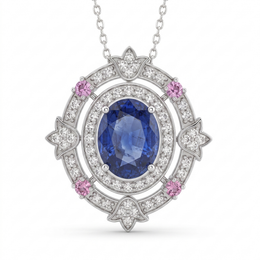 Natural Sapphire, Pink Sapphire & Diamond Halo Pendant | 4.25 CT Natural Sapphire | 1.25 CT Natural Diamonds | 18K White Gold | Saleh Sallom Jewelry