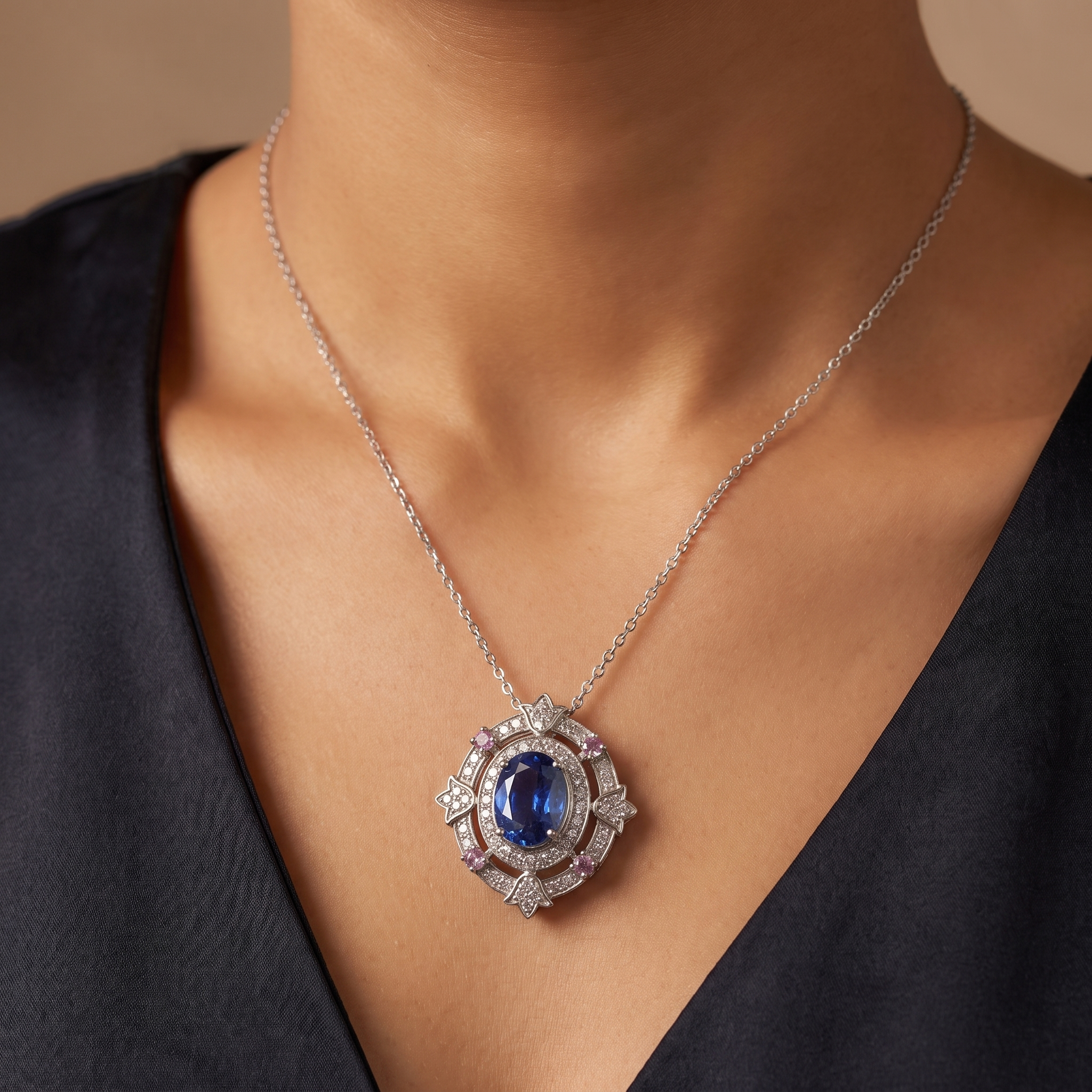 Natural Sapphire, Pink Sapphire & Diamond Halo Pendant | 4.25 CT Natural Sapphire | 1.25 CT Natural Diamonds | 18K White Gold | Saleh Sallom Jewelry Secondary image