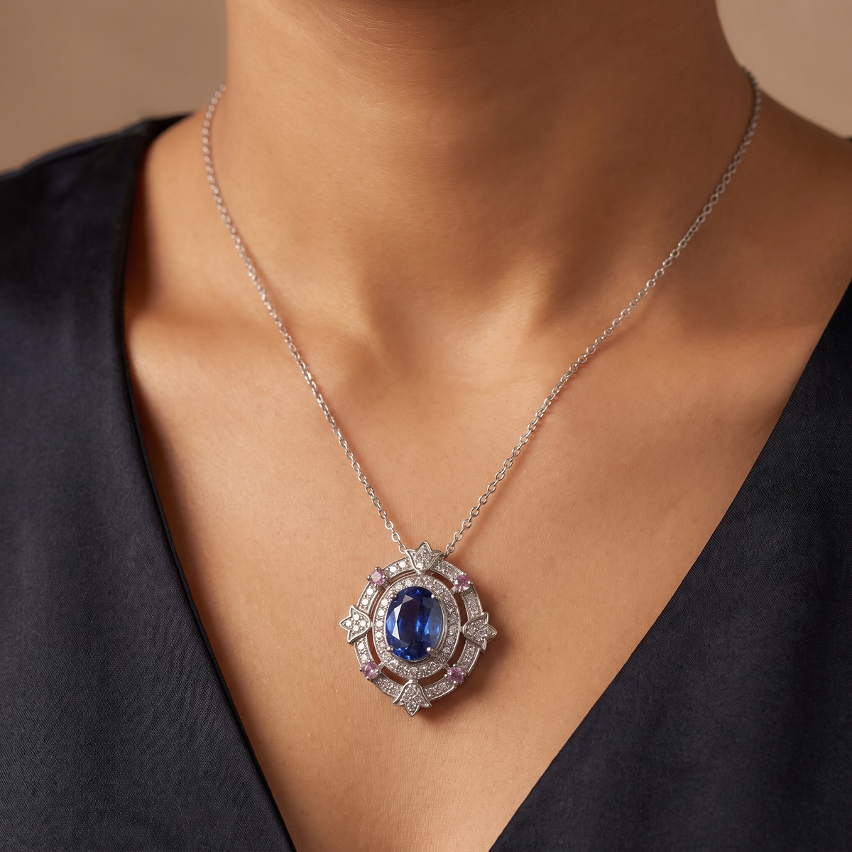 Natural Sapphire, Pink Sapphire & Diamond Halo Pendant | 4.25 CT Natural Sapphire | 1.25 CT Natural Diamonds | 18K White Gold | Saleh Sallom Jewelry