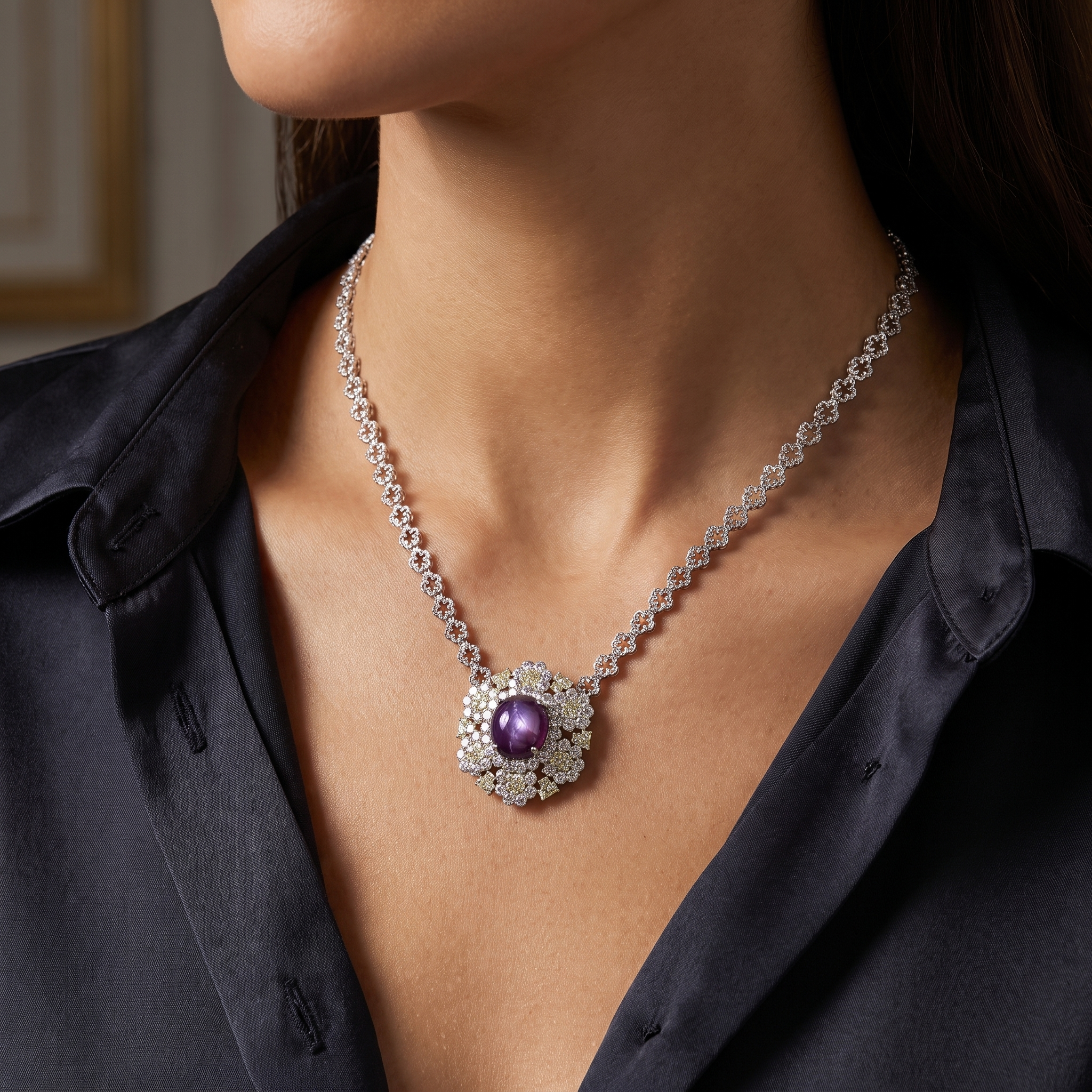 Natural Star Ruby & Diamond Statement Necklace | 1.64 CT Natural Diamonds | 18K White Gold | Saleh Sallom Jewelry Secondary image