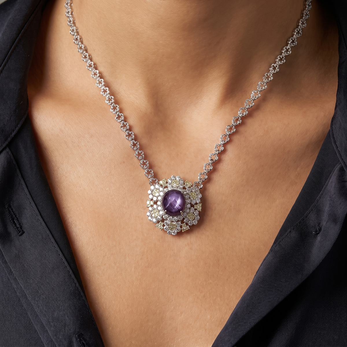 Natural Star Ruby & Diamond Statement Necklace | 1.64 CT Natural Diamonds | 18K White Gold | Saleh Sallom Jewelry