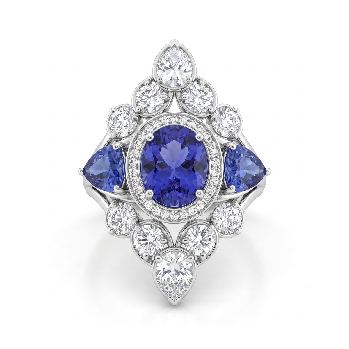 Natural Blue Sapphire & Diamond Halo Ring | 4.14 CT Natural Sapphire | 2.34 CT Natural Diamonds | 18K White Gold | Saleh Sallom Main image