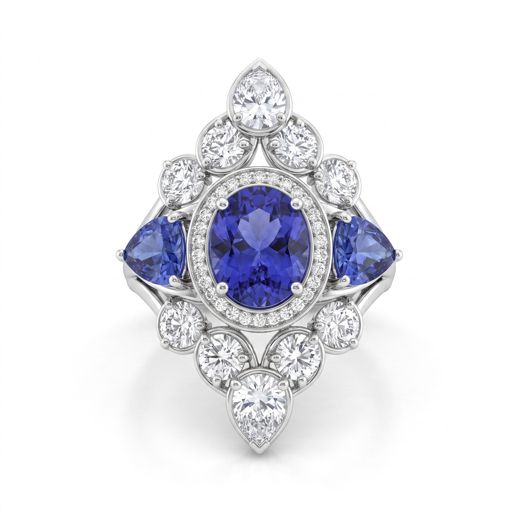 Natural Tanzanite & Diamond Statement Ring | 6.48 CT Natural Diamonds | 18K White Gold | Saleh Sallom Jewelry