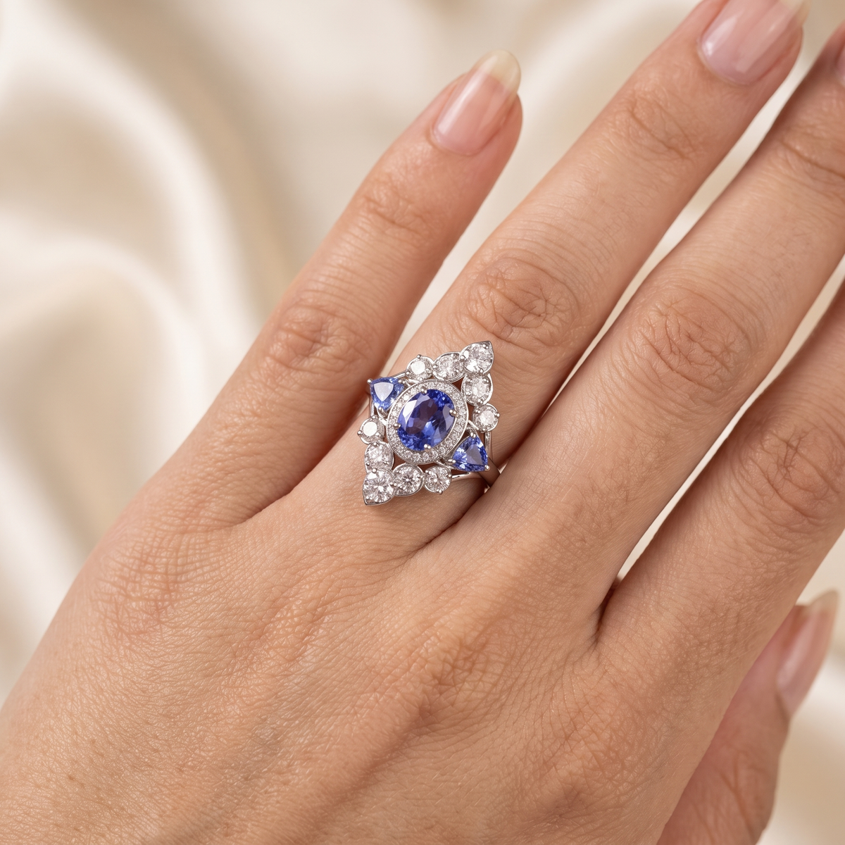 Natural Blue Sapphire & Diamond Halo Ring | 4.14 CT Natural Sapphire | 2.34 CT Natural Diamonds | 18K White Gold | Saleh Sallom