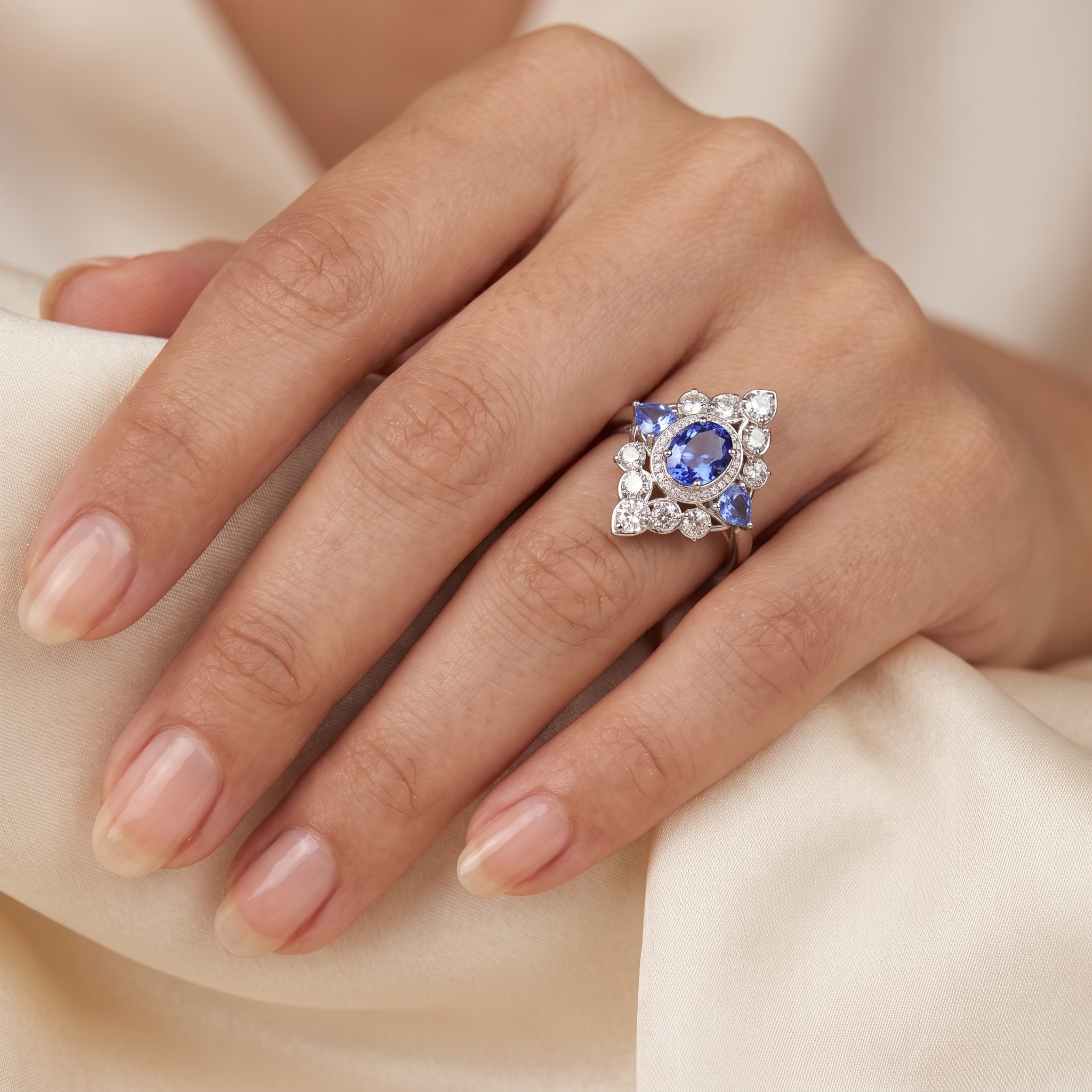 Natural Blue Sapphire & Diamond Halo Ring | 4.14 CT Natural Sapphire | 2.34 CT Natural Diamonds | 18K White Gold | Saleh Sallom Secondary image