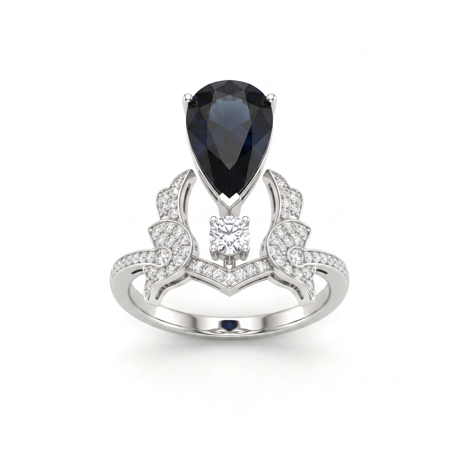 Natural Black Sapphire & Diamond Ring | Pear Cut Black Sapphire | 0.55 CT Natural Diamonds | 18K White Gold | Saleh Sallom Jewelry