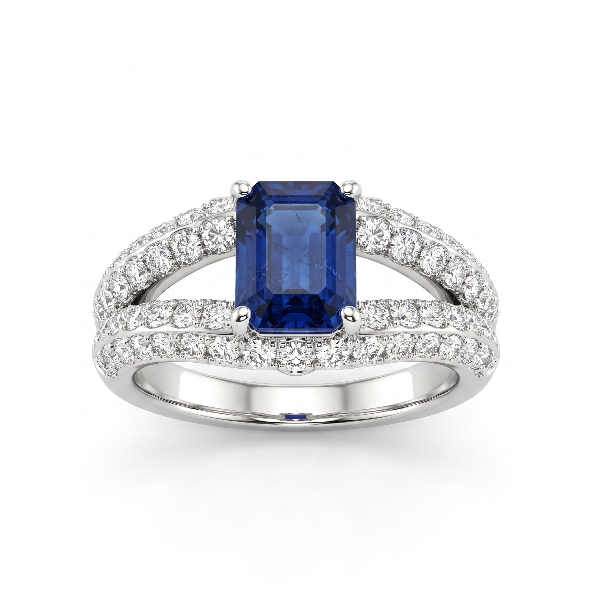 Natural Sapphire & Diamond Ring | Emerald Cut Natural Sapphire | 1.49 CT Natural Diamonds | 18K White Gold Main image